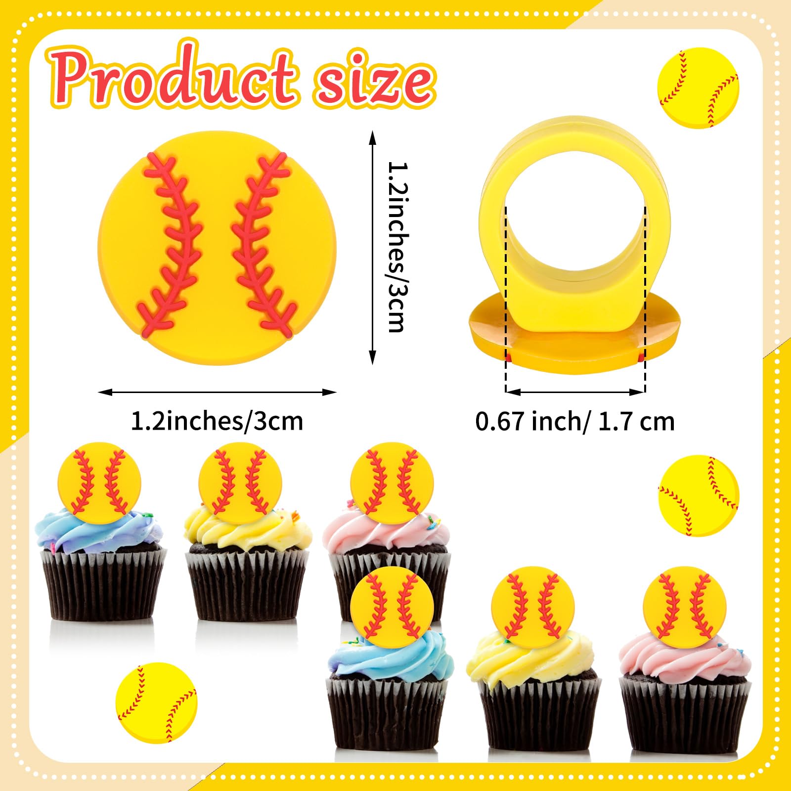 Honeydak 48 Pcs Softball Cupcake Rings Toppers Decoration Sport Ball Theme Cake Picks Softball Party Decoration Sport Cupcake Toppers Rings for Birthday Party Supplies