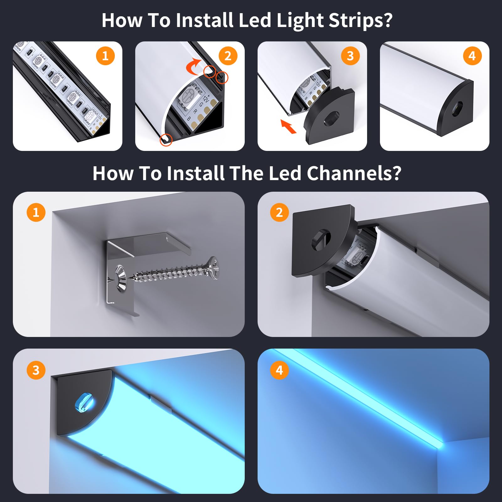Profilo a LED nero a forma di V, confezione da 12 profili angolari in alluminio per canale nero con copertura bianca lattea, tappi terminali, clip di montaggio e connettori angolari a 45 gradi per