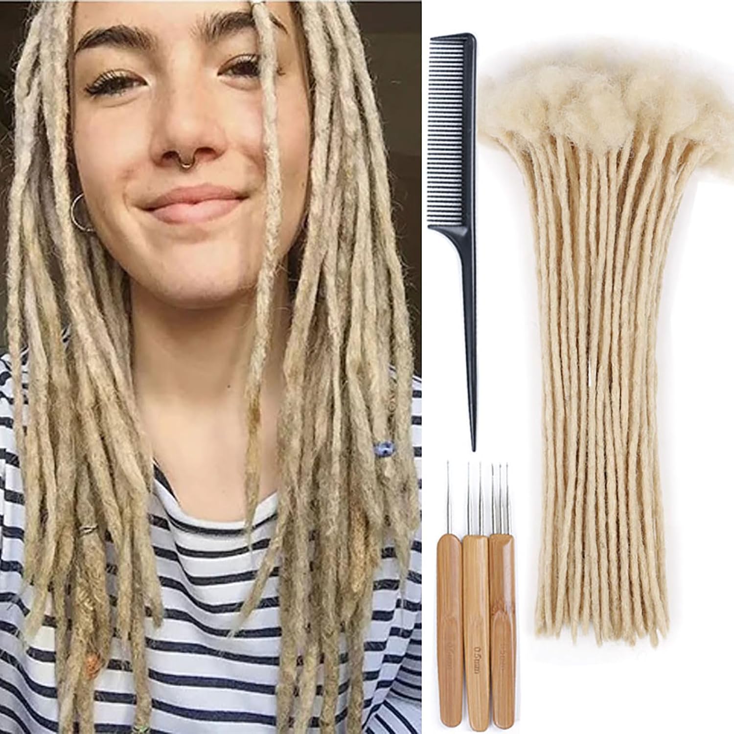 Huarisi 12 Inch 613 Blonde Dreadlock Extensions Human Hair 0.2cm Thin Loc Extensions Real Human Hair for Women 60 Strands Blonde Full Handmade Permanent Dreadlock Extensions Men