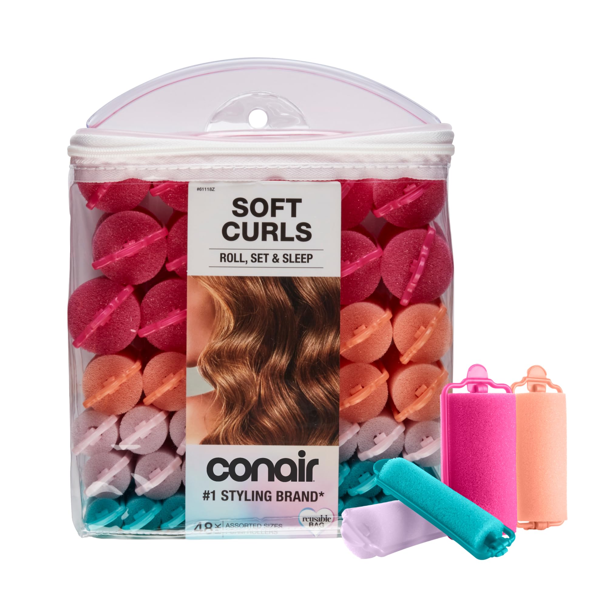 Conair Foam Overnight Heatless Curls Hair Rollers | Snaps-Shut Overnight Foam Curlers for Damage-Free Curls and Volume, Assorted Colors, 48-Count