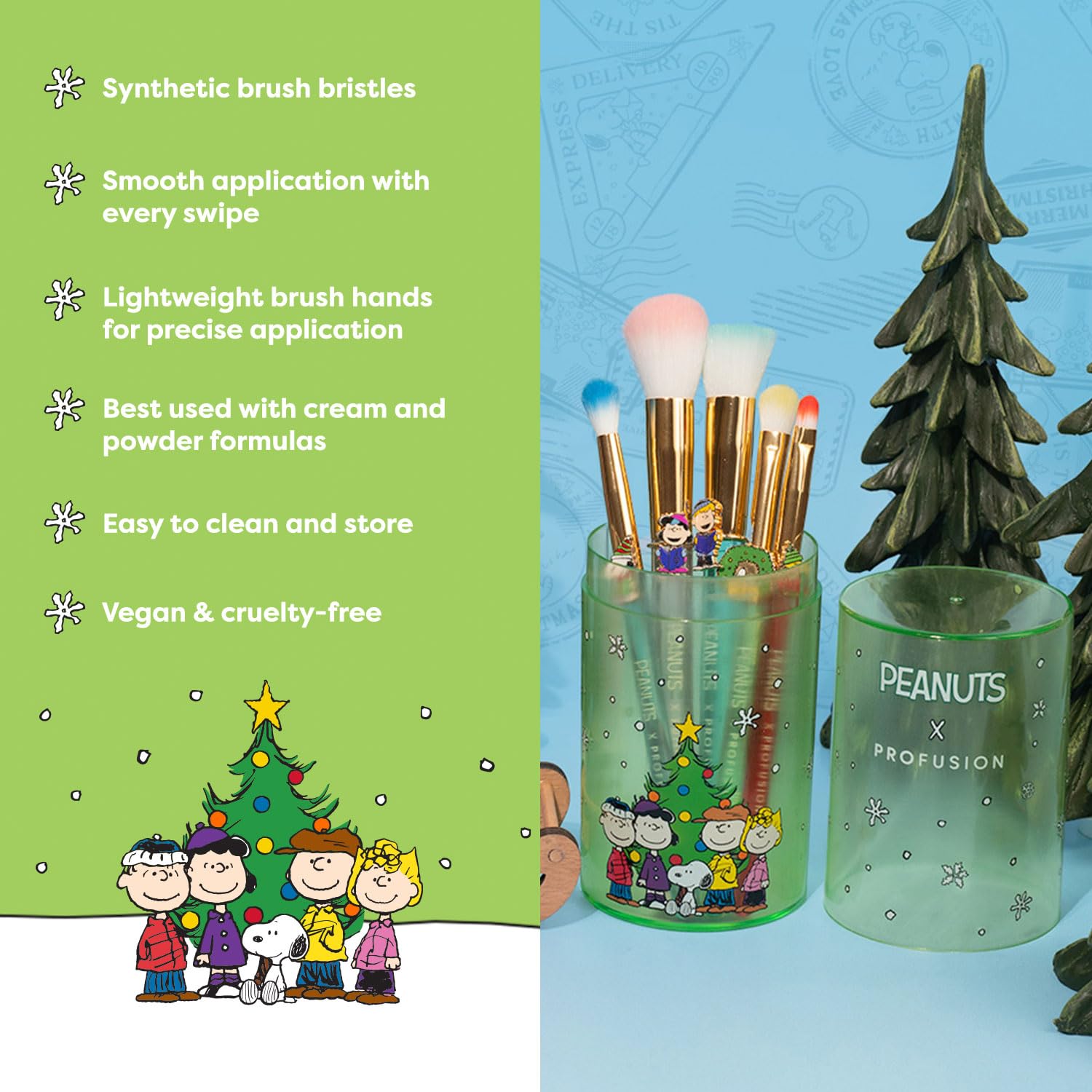 Profusion Cosmetics Peanuts Merry And Bright Brush Set with Case, Fluffy Makeup Brushes for Blending, Shading, and Blush, Achieve Holiday Beauty