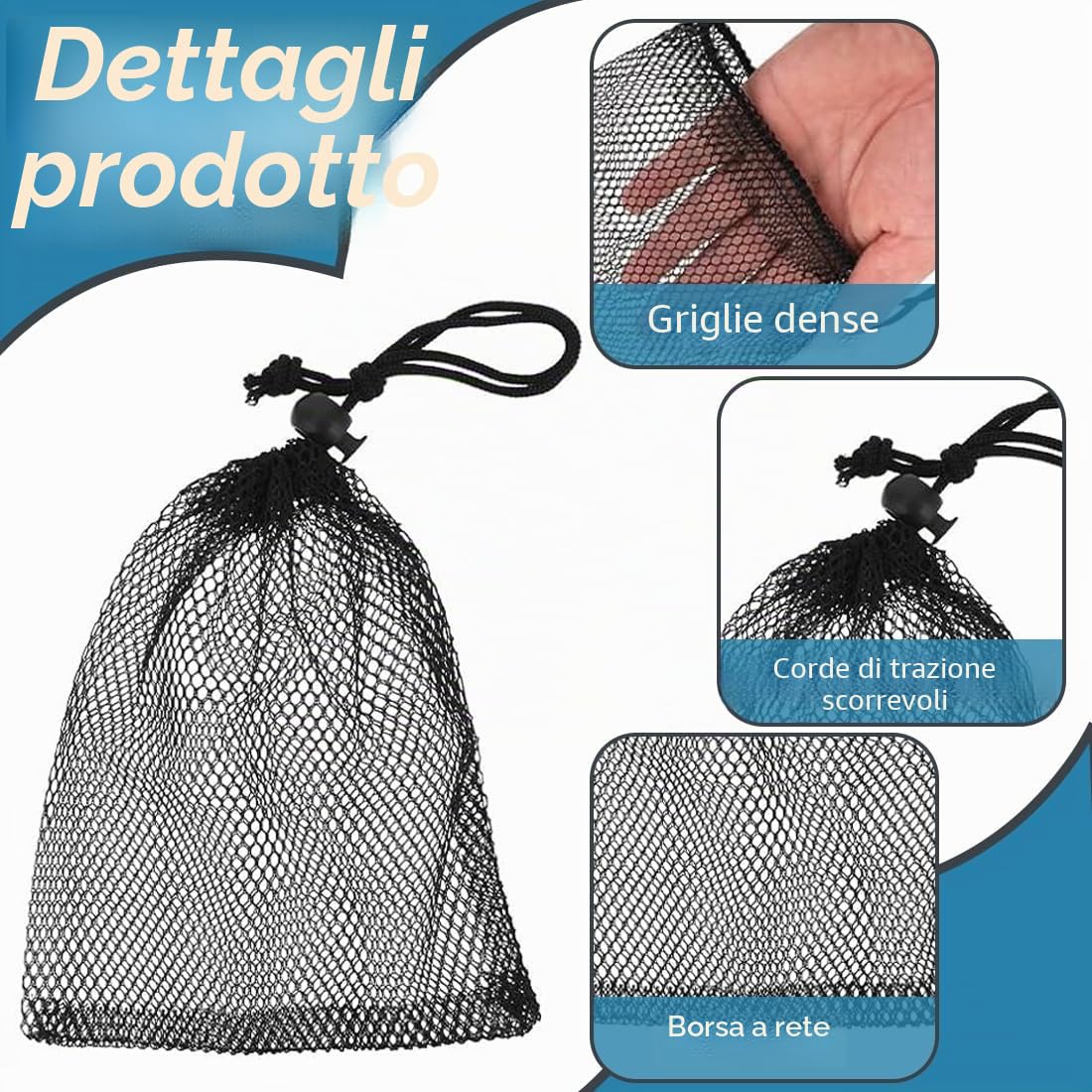 4 Pezzi sacchetti a rete in nylon, con coulisse, per palestra, viaggi, attività all'aperto, Sacchetti a Rete con Cordoncino, Borsa da Spiaggia in Rete, Borsa a Retes in Nylon (Nero/Bianco)