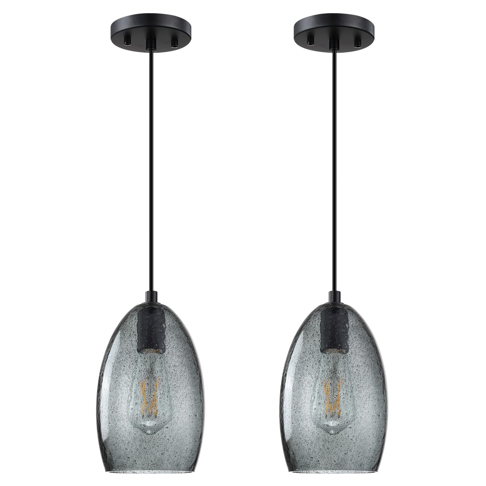 2 Pack 1 Light Hanging Indoor Kitchen Island Pendant Lights,5.3" Hand Blown Black Seeded Grey Glass Ceiling Light Fixtures Black Finish Modern Farmhouse Dinning Over Sink