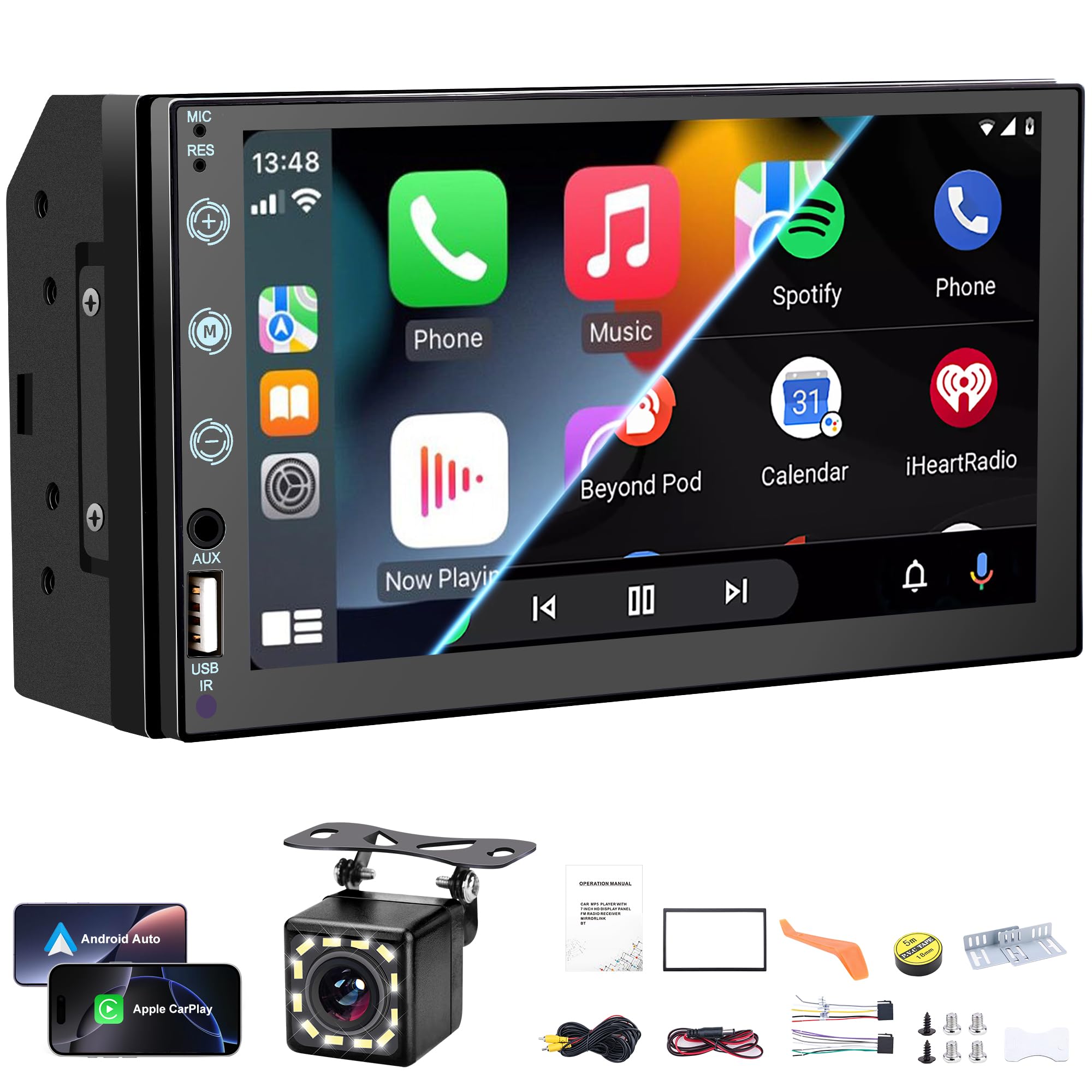 7" Double DIN Car Stereo Compatible with Ccarplay and Android Auto, Mirror Link,USB/AUX,Car Radio Am,Backup Camera