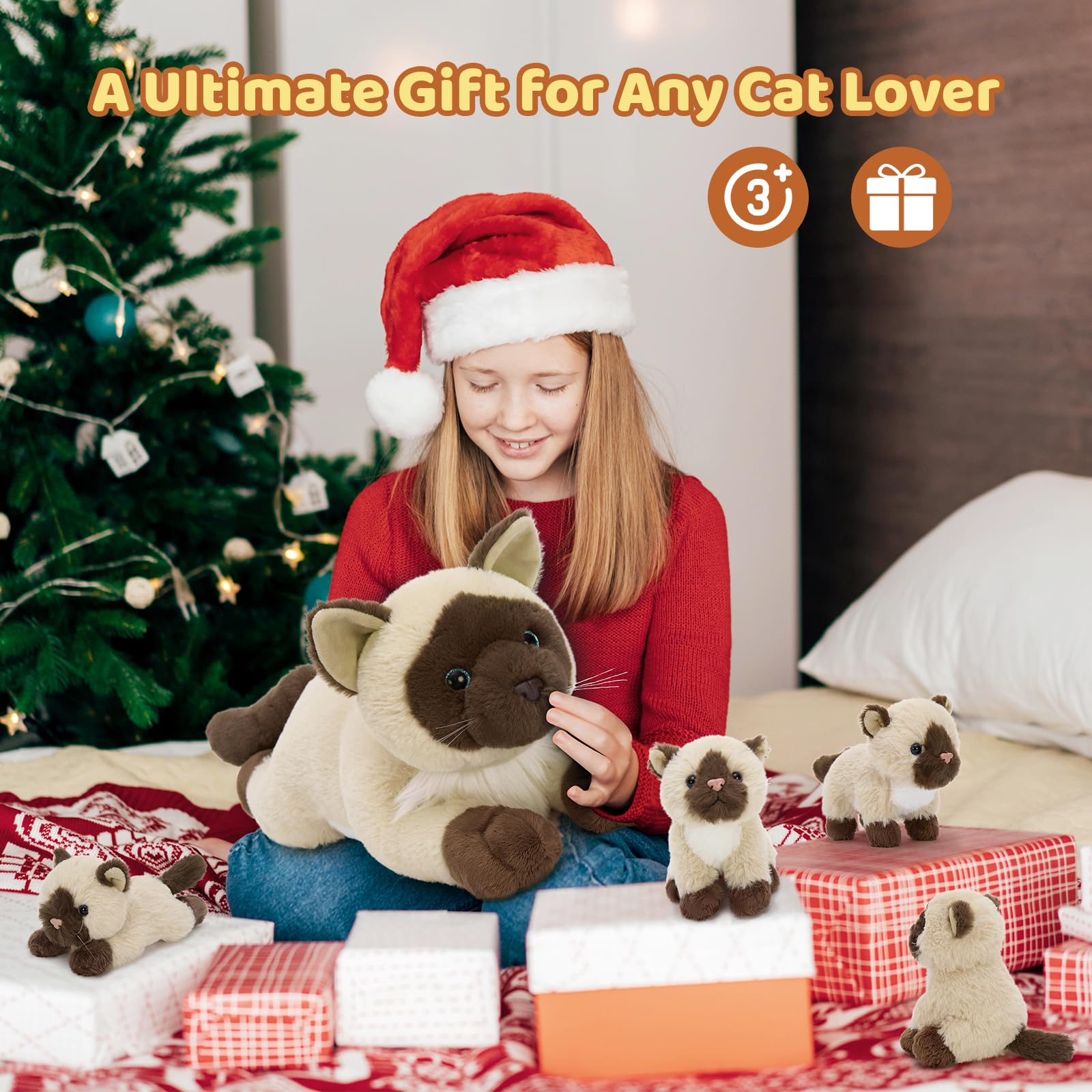MorisMos Grande Siameso Gato Peluche Juguete Suave, 48cm Mamá Gato con 4 Bebé Acolchoso Dentro, Realista Siameso Animal Relleno Peluche Acolchoso, Kawaii Regalos para NiñOs CumpleañOs Fiesta Deco