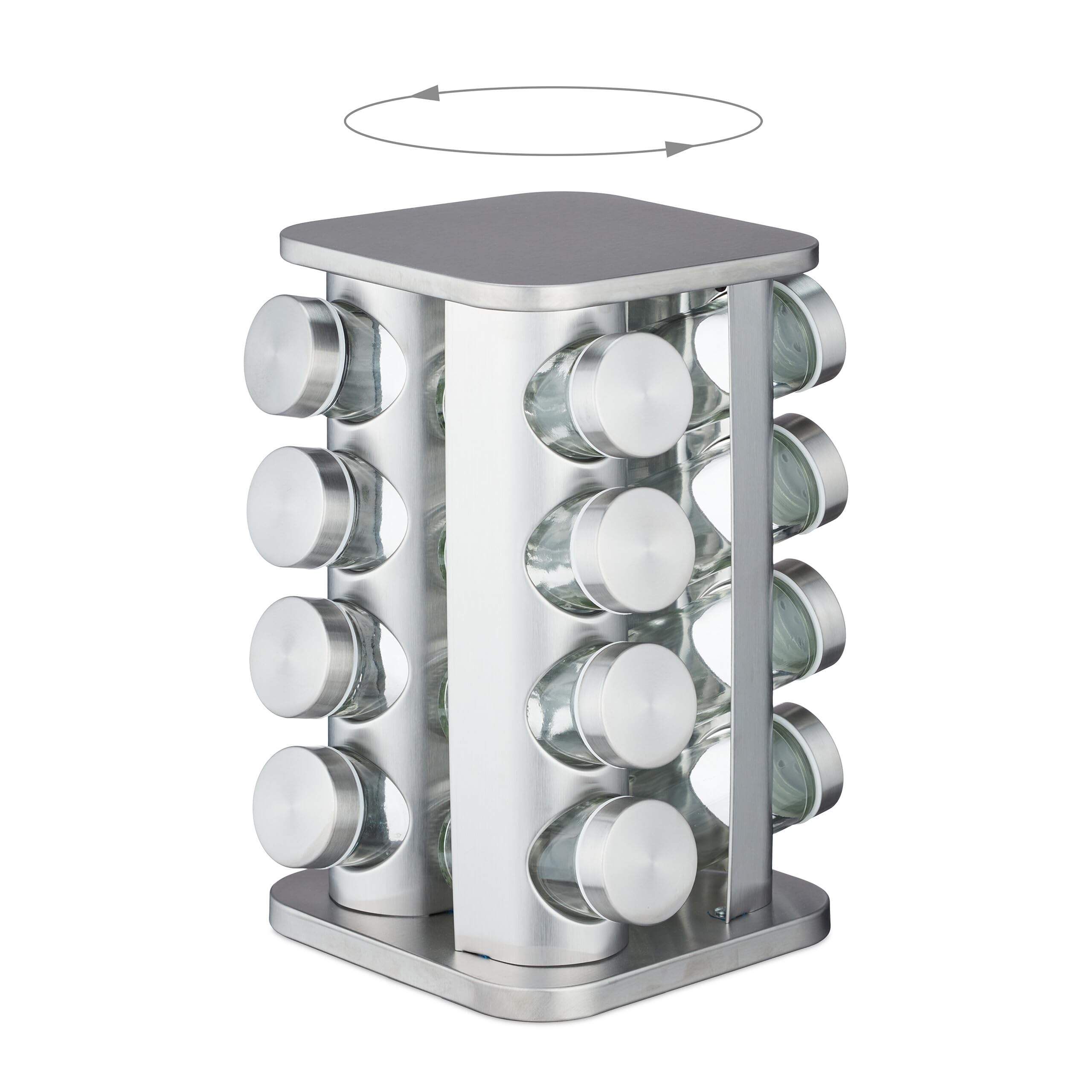 Relaxdays Tourniquet à épices, Acier INOX, 16 Pots en Verre, 40 étiquettes, Rotatif à 360°, HLP : 28x20x20 cm, argenté