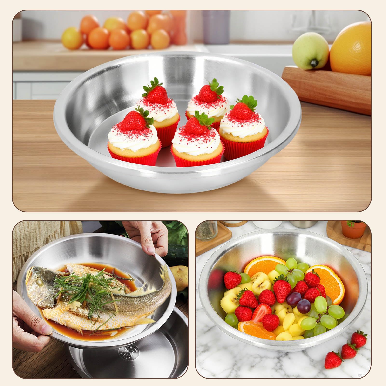 HERCHR Plato redondo de acero inoxidable, platos de cena de camping para comer, plato de cena, plato para servir sopa de ensalada, vajilla para la cocina casera(28cm)
