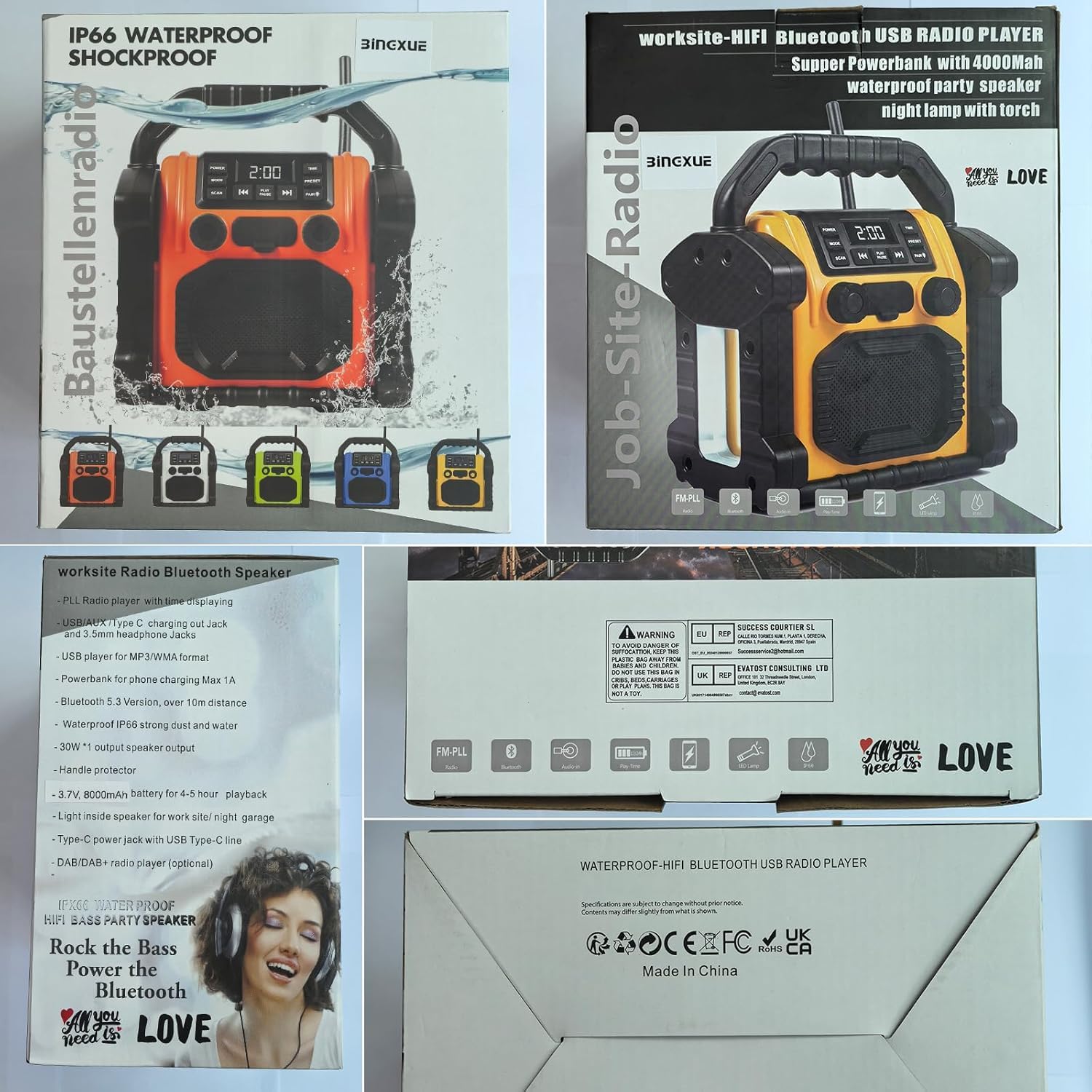 Baustelleradio Outdoor Lautsprecher Bluetooth Wireless, 30W IPX 66 wasserdicht FM-Uhr-Radio, tragbar mit LED-Lichtern, Kollisionsschutzradios für Outdoor/Arbeit/Garage (P250)