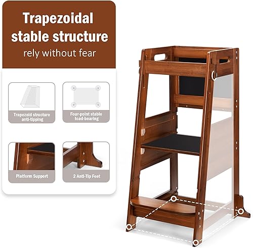 Miniatura 3 de TOETOL Taburete de bambú para niños, taburete de cocina de aprendizaje de torre de pie para encimera de cocina de 3 alturas ajustables con pizarra