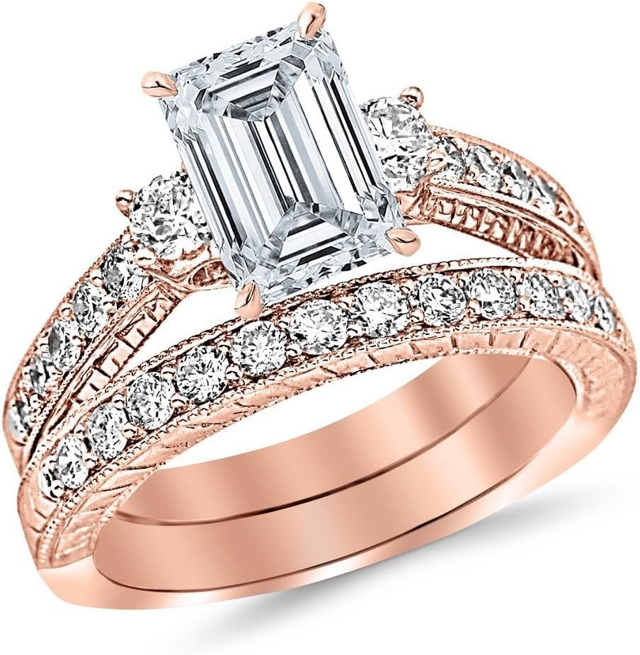 14K White Gold 3 Carat LAB GROWN DIAMOND Three Stone Vintage With Milgrain & Filigree Bridal Set with Wedding Band & Emerald Cut Diamond Engagement Ring (E-F Color VS1-VS2 Clarity 2 Ct Center)