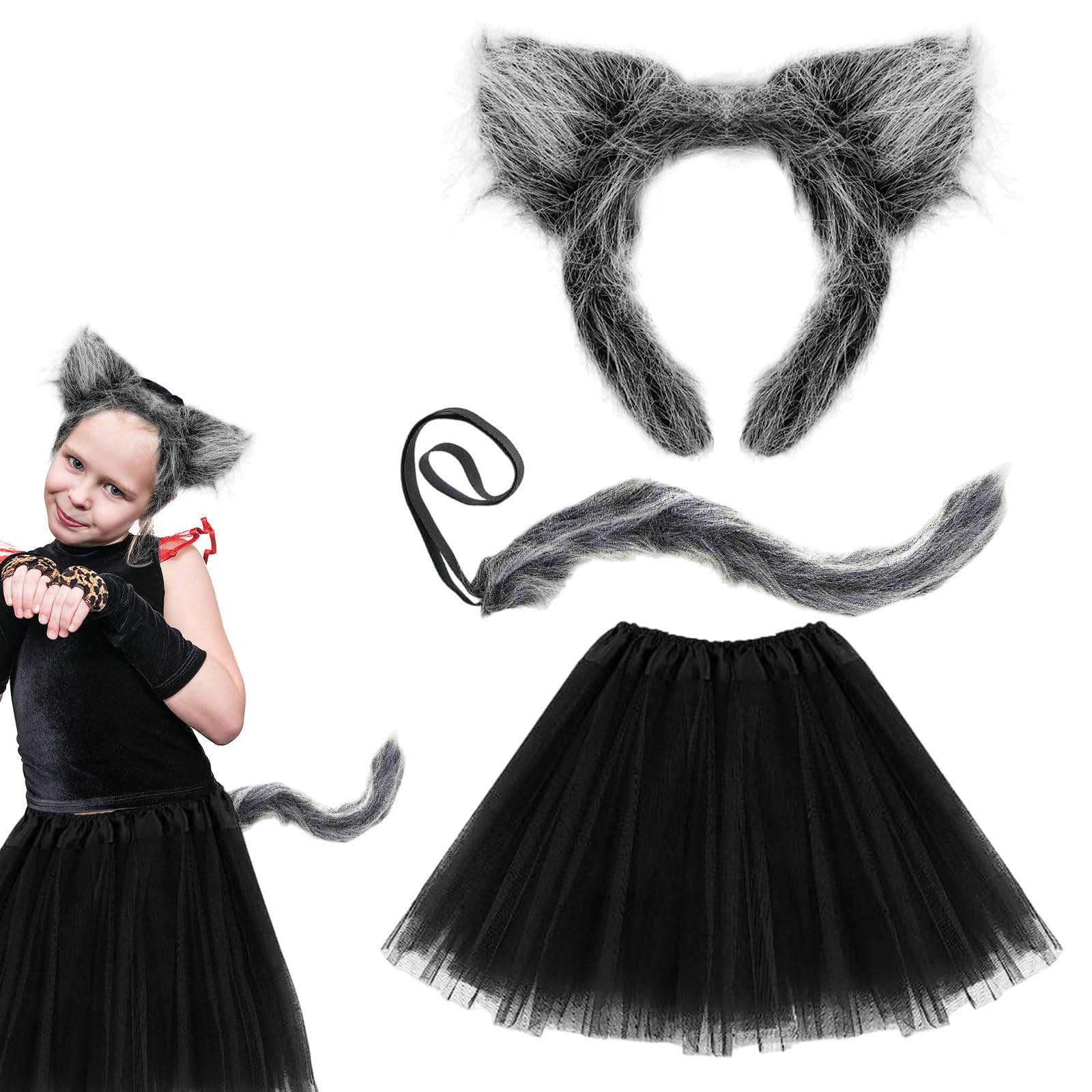 UILYNIU Pack of 3 Grey Wolf Costume Accessories Wolf Ears Headband Tail Tutu Werewolf Costume Accessory for Halloween Party Cosplay (Pack of 3)