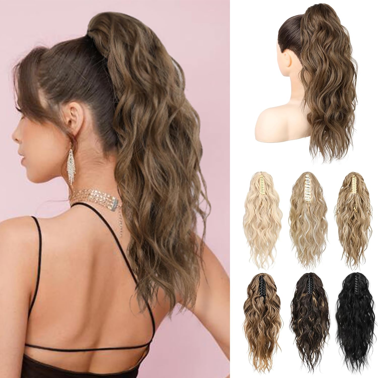 LONAI Wavy Claw Clip Ponytail Extensions - 18" Curly Wavy Claw Clip in Ponytail Hair Extensions - Synthetic Fake Pony Tails - Medium Brown Mixed