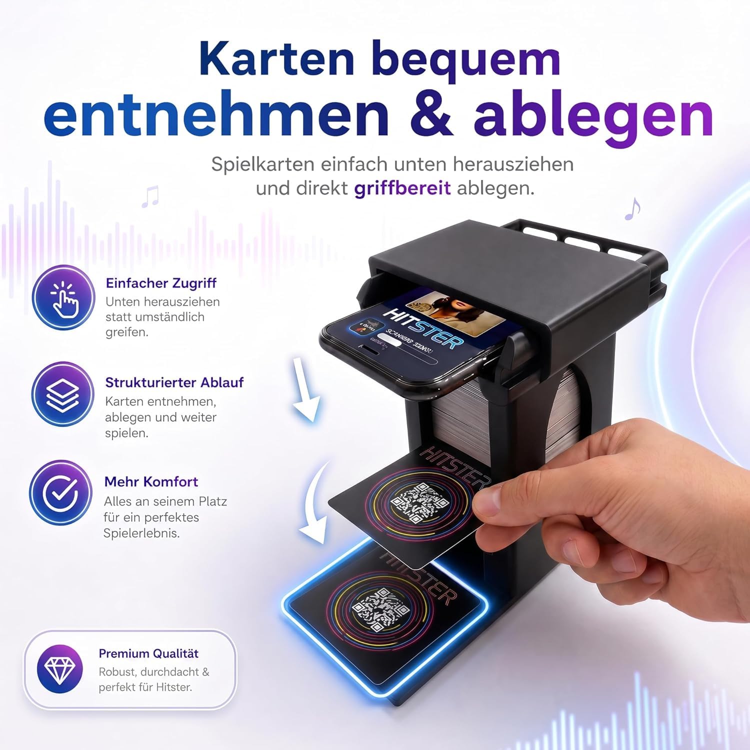 Handyhalterung Turm passend für Hitster – Smartphone Ständer mit Kartenfach – stabil & rutschfest für QR-Code Scan – Zubehör kompatibel mit Hitster Original & Party