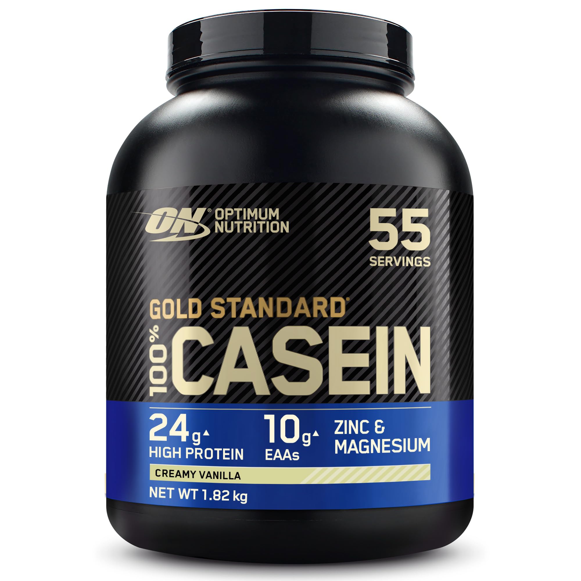 Optimum Nutrition Gold Standard 100% Casein Wolno przyswajalna odżywka na noc z cynkiem, magnezem i aminokwasami, wspomagająca wzrost i odbudowę mięśni, smak Creamy Vanilla, 55 porcji, 1,82 kg