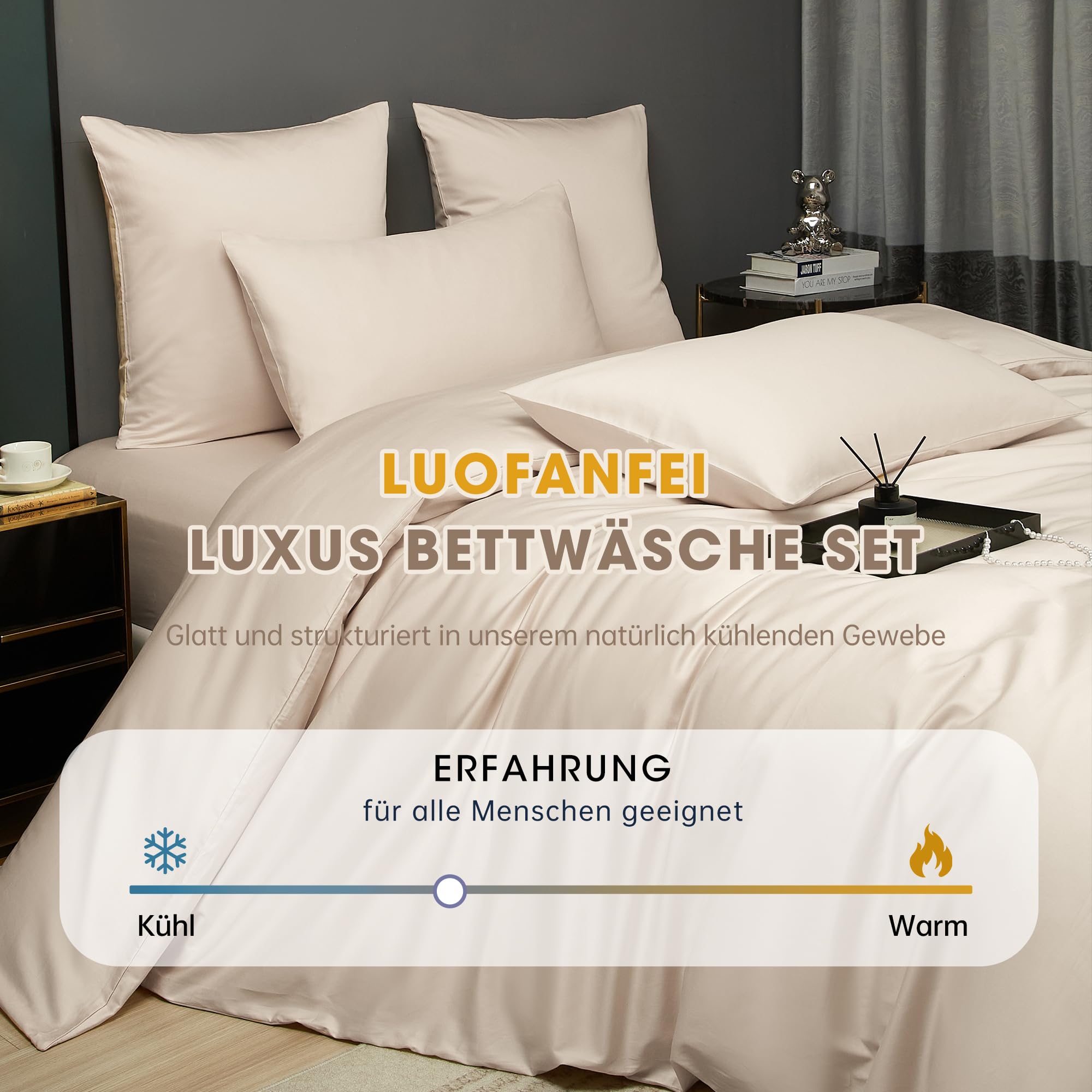 Luofanfei Kühlend Mako Satin Bettwäsche 200x200 Baumwolle Sommer Beige Glatt Muster Atmungsaktiv Bettwäscheset Weich und Bügelfrei Uni Bettbezug und 2 Kissenbezüge 80x80 cm