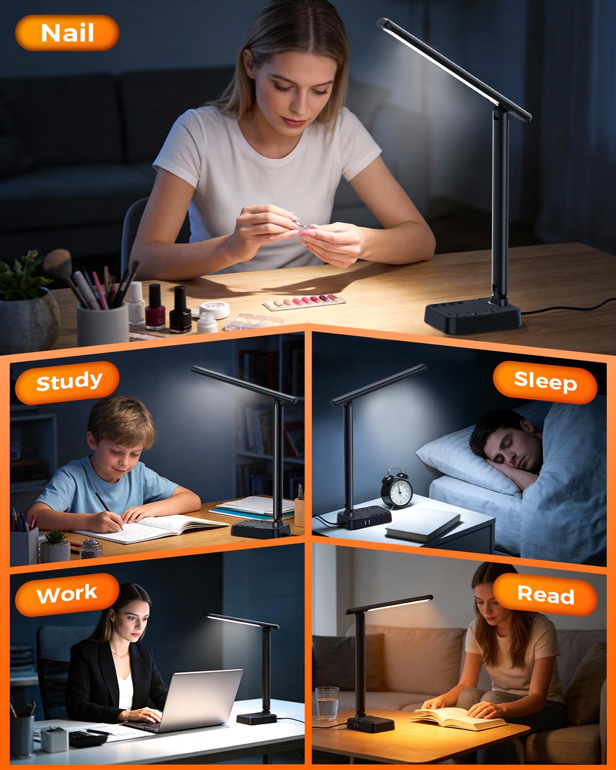 Airlonv LED Desk Lamp for Office Home, Power Strip with 3 Outlets 4 USB Charging Ports(2 USBC), 4 Modes 5 Level Brightness Desk Light, Small Desk Lamp for College Dorm Room Essentials view 9