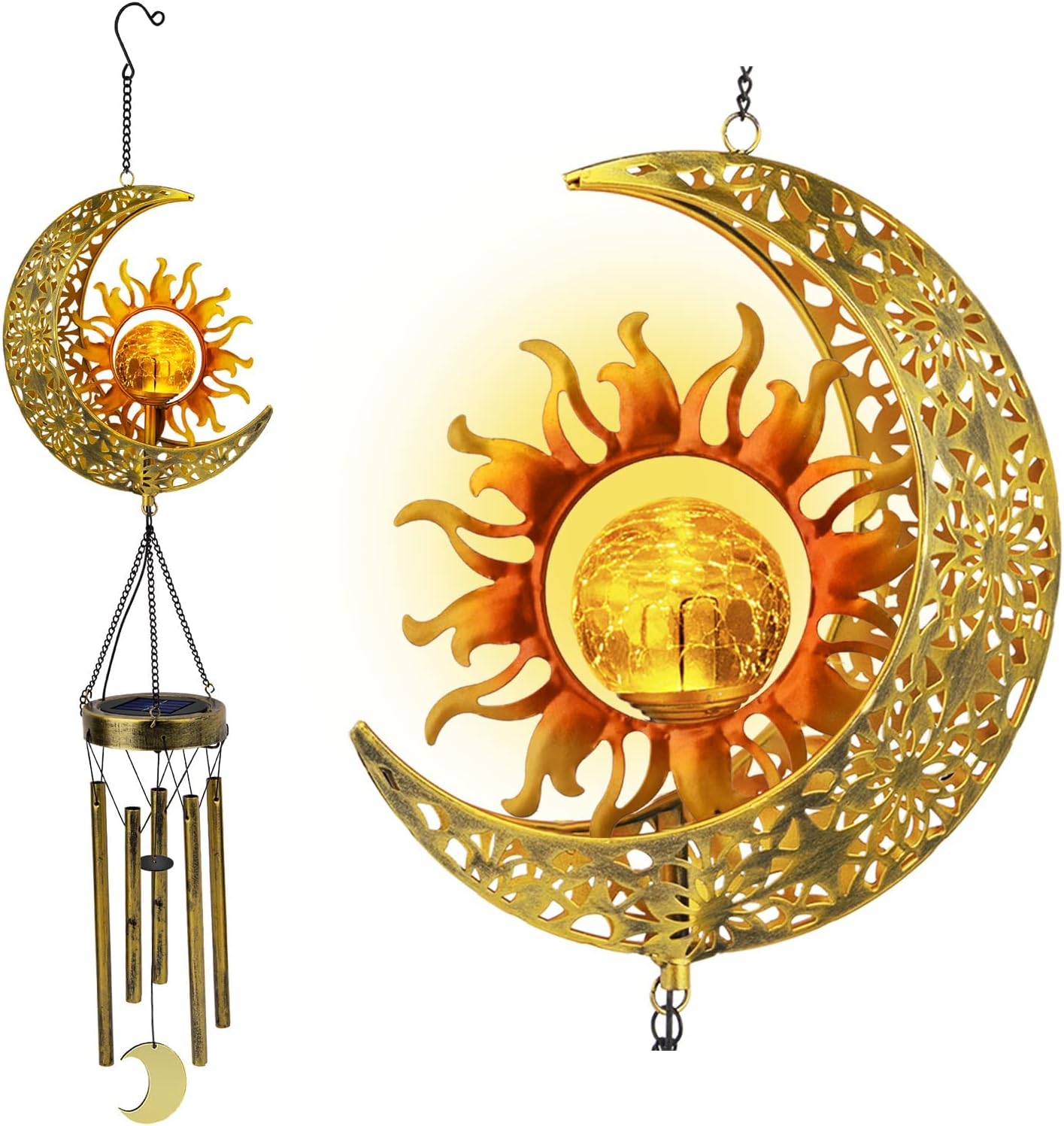 Solar Moon and Sun Crackle Glass Wind Chimes with Bronze Tubes
