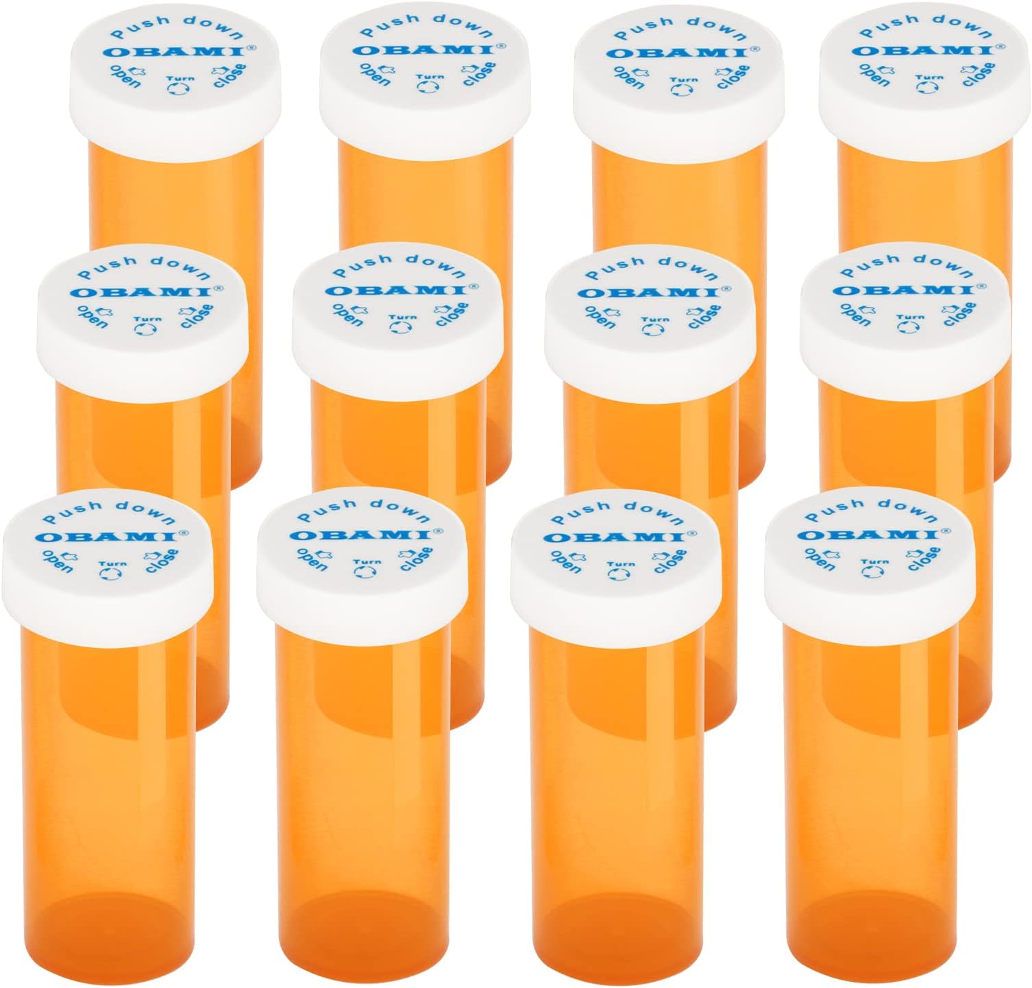 Obami Plastic Medicine Pill Bottles with Child Resistant Caps - Push Down and Turn - Prescription Vial, Medicine Container, Pill Cases Dispenser Organizers (12pcs, 16 Dram)