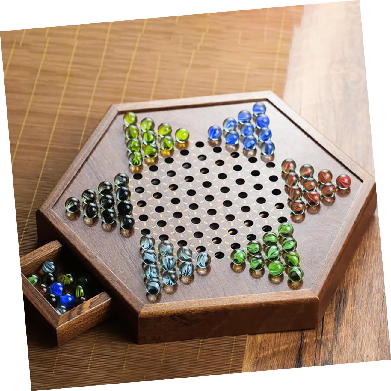 BESPORTBLE Set Gioco Dama Cinese e Cassetto Porta Biglie in Materiale Sintetico con Tavola Esagonale per Intrattenimento Familiare Multi Giocatore