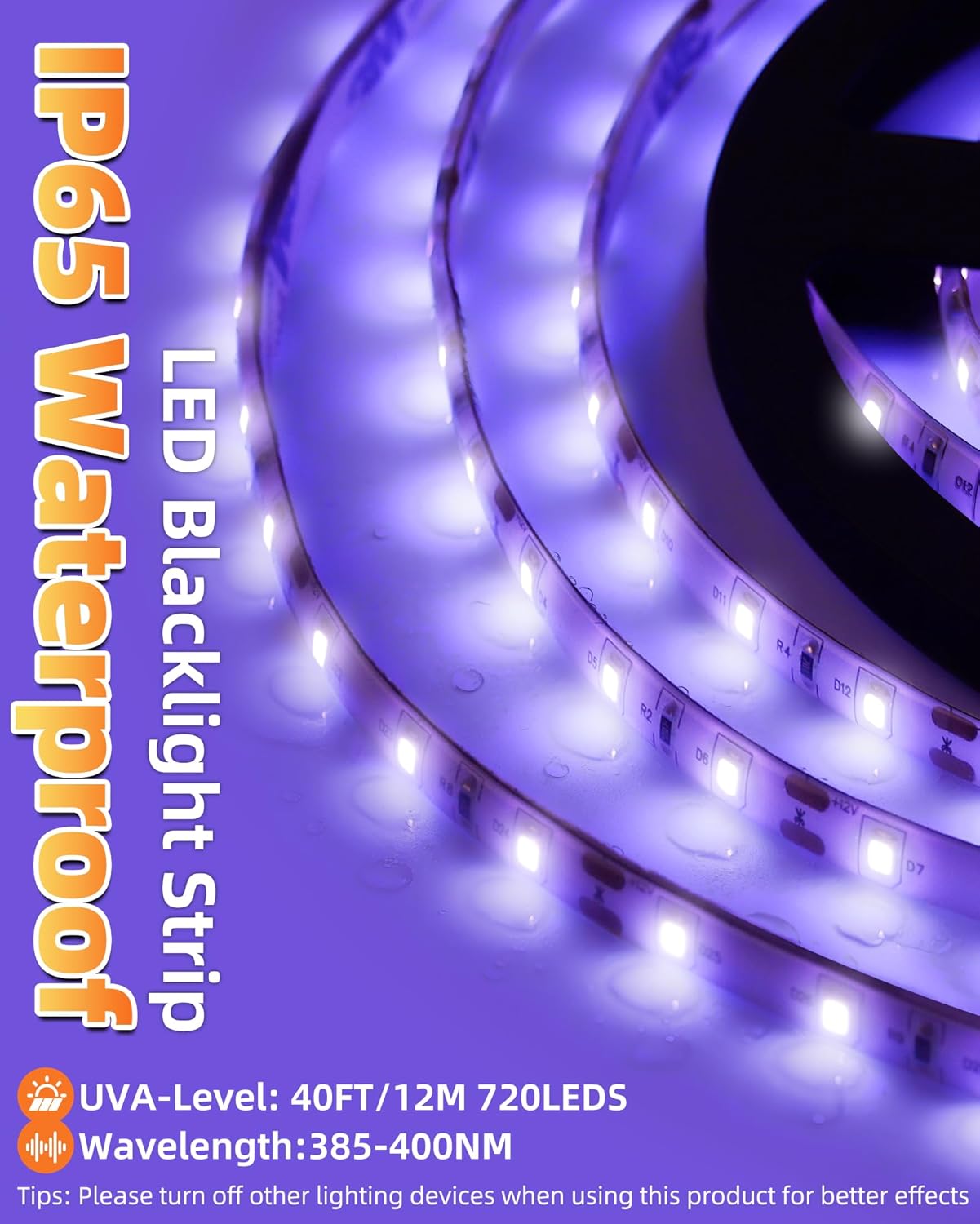 IP65 Waterproof LED Black Light Strip Kit 40ft/12M 720 LEDs, 12V Flexible Blacklight Fixtures, 385-400nm, Black Light LED Strips for Glow Party Body Paint Outdoor Indoor Decor Birthday Party Halloween