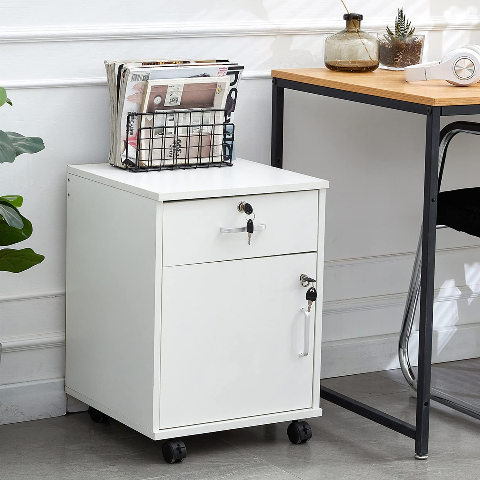 LEMROE Archivador móvil de 2 cajones con cerradura y ruedas, archivadores de madera de estilo industrial para oficina en casa (blanco, 1 cajón + 1 armario)