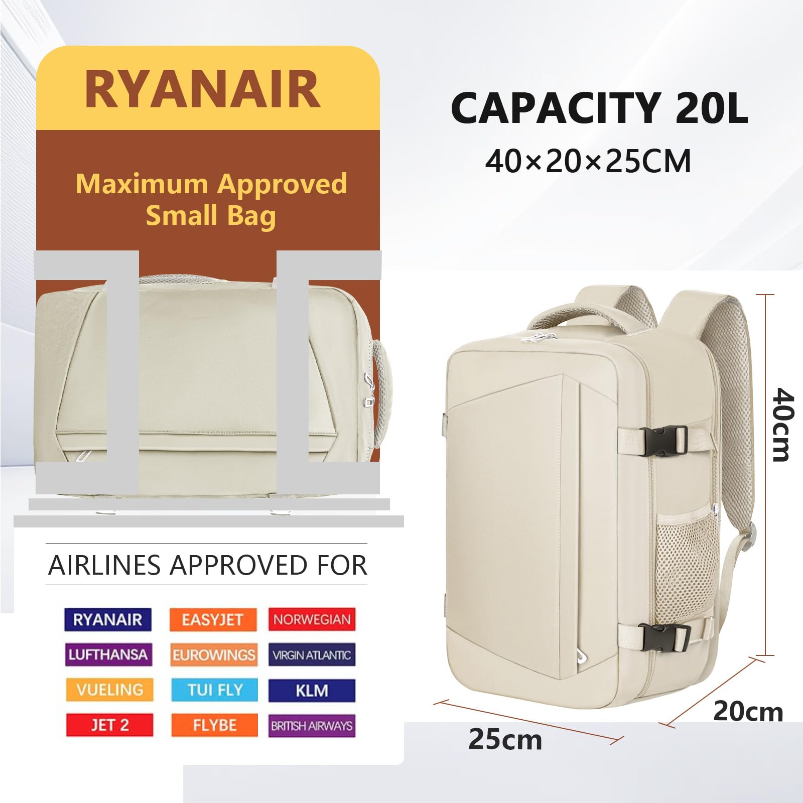 KIRFEIHT Zaino da Viaggio 40x20x25 per Ryanair Borsa da Viaggio per Cabina - Beige Bagaglio a Mano Aereo Piccolo, Zaini Universali per Uomo e Donna per Scuola Trekking Lavoro (Beige)