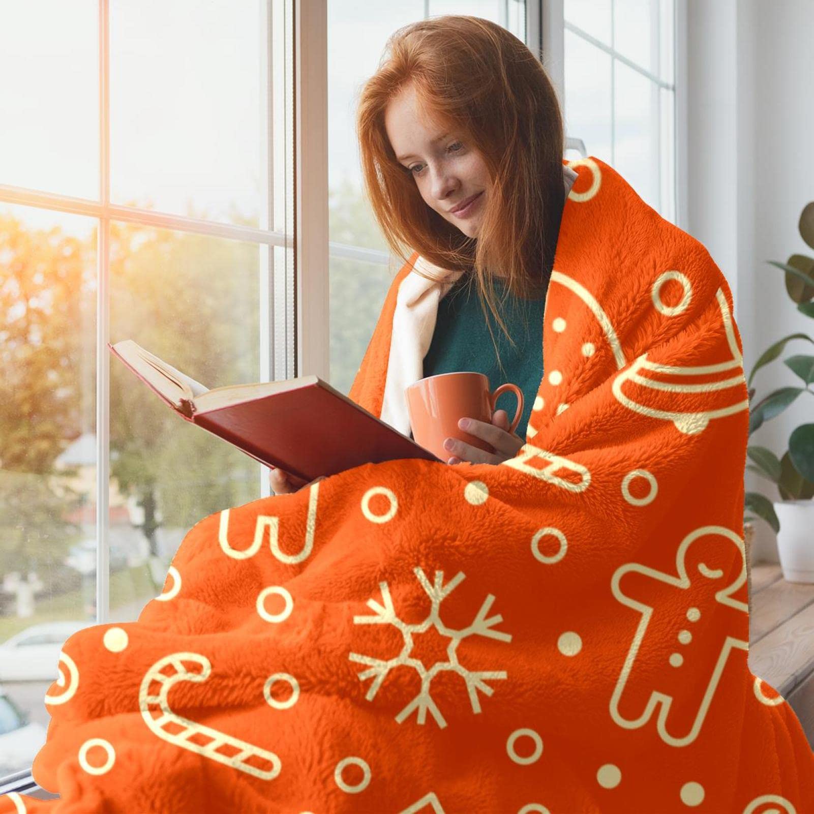 Coperta in pile per divano, divano o letto, morbida coperta arancione motivo elementi natalizi