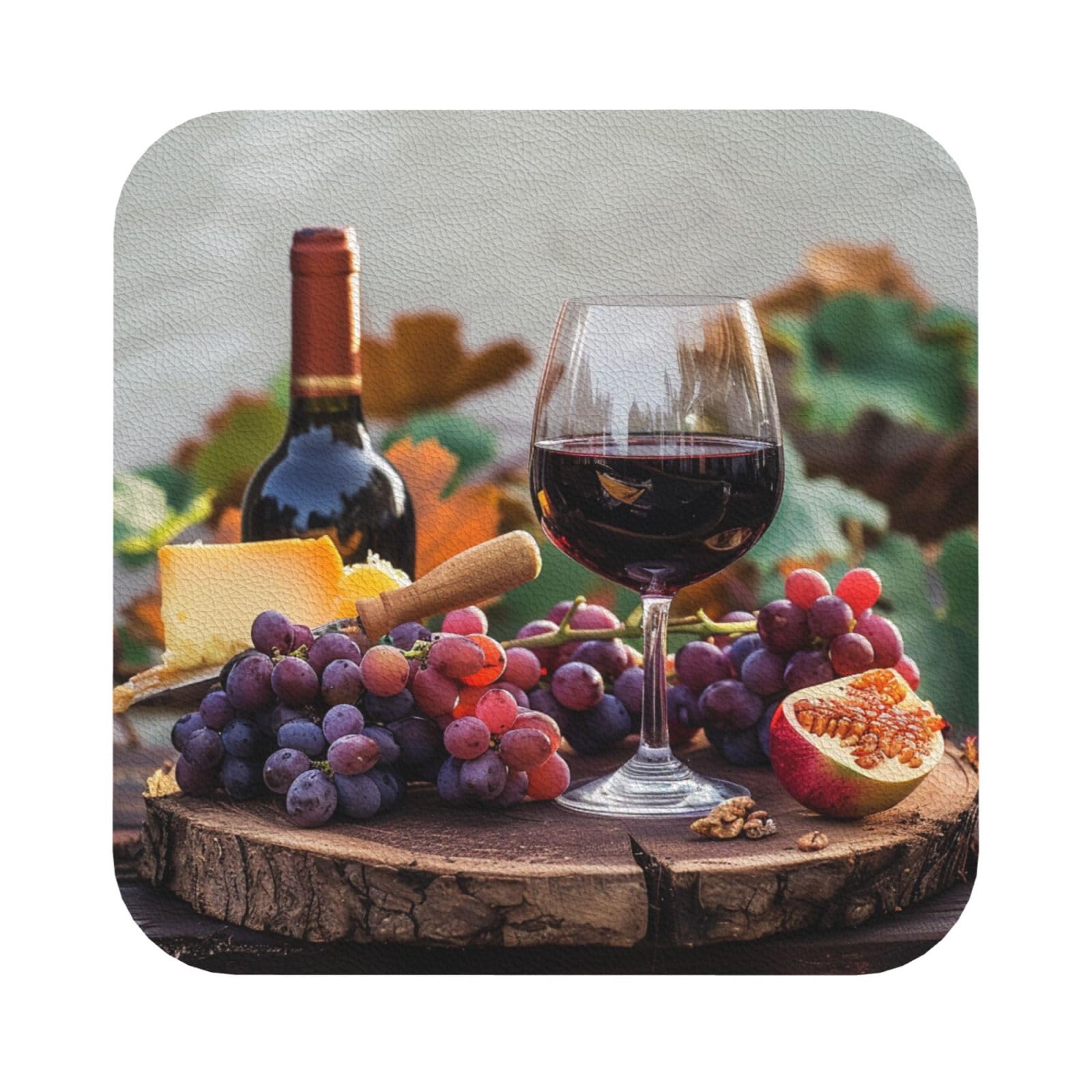 Red Wine Galsses & Grapes with Wooden Print Leather Coaster Set of 6, Square Coasters Table Decorative Coffee Cup Beverage Coasters Wine Beer Bar Coasters for Hot Drinks Table Protection