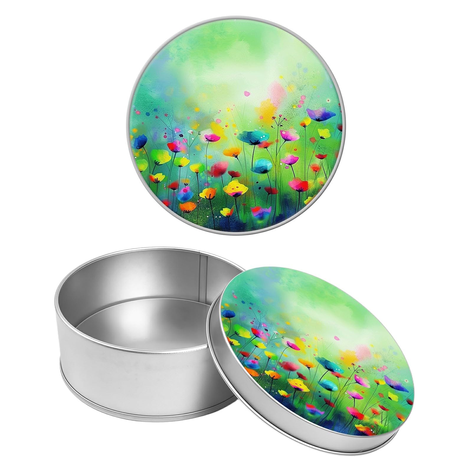Round Metal Tin Container with Removable Lid, Watercolor Flowers Durable Metal Storage Box for Crafts Snacks Candies Office Supplies Small Items 3.54 x 1.38 inch– Single Pack