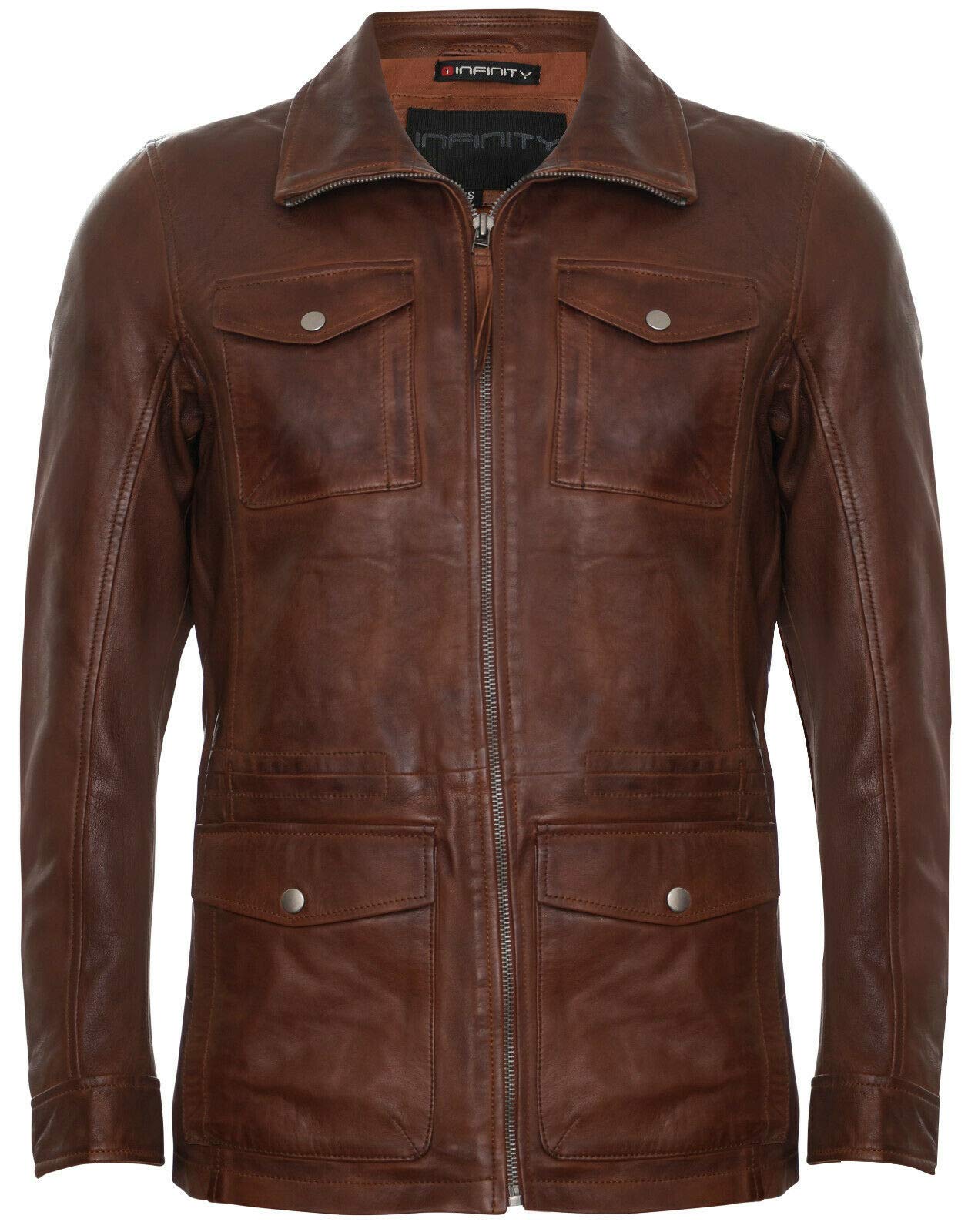 Men’s Casual Tan Brown Leather Jacket with Multi-Pocket Trench Overcoat XL