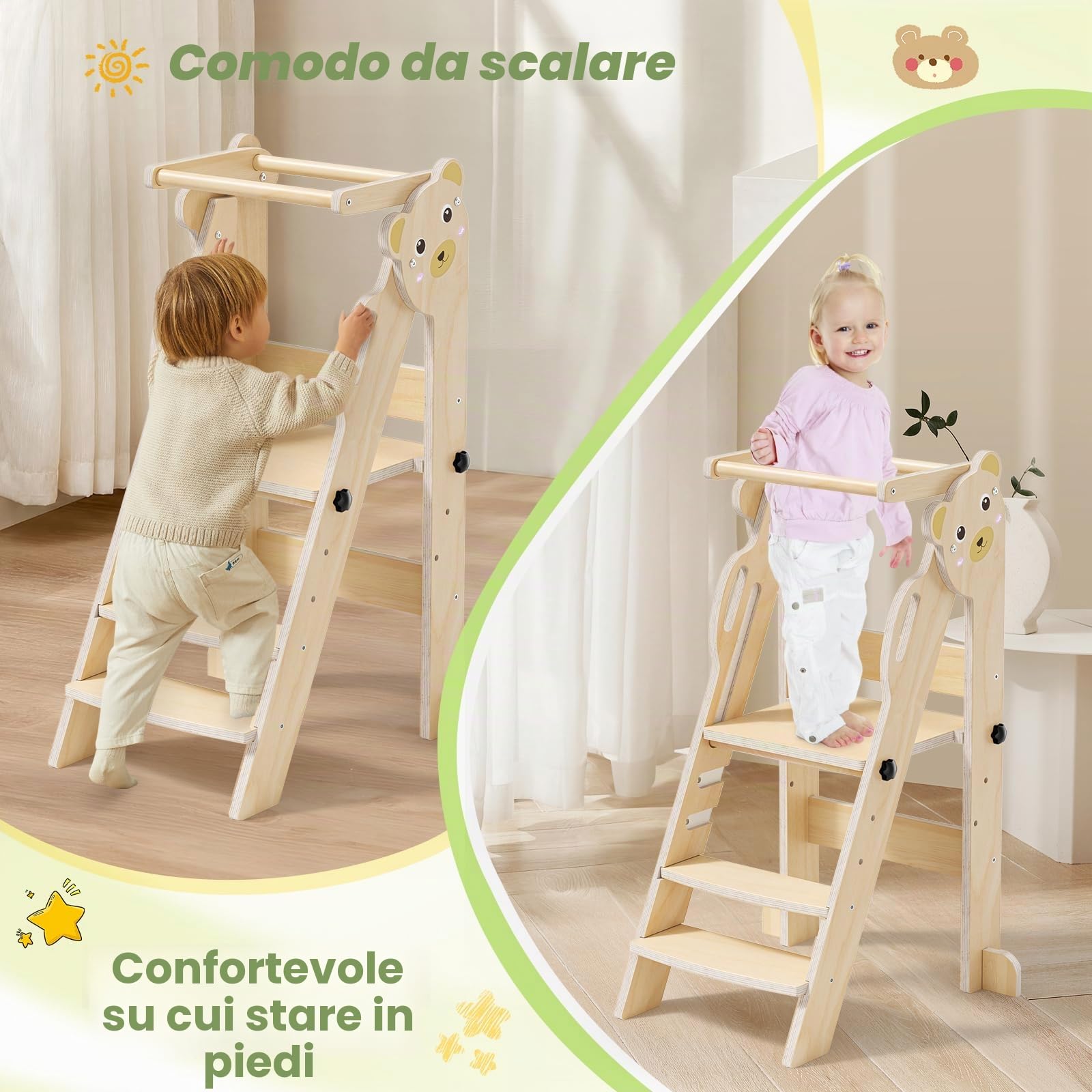Torre montessoriana pieghevole per bambini, Montessori Learning Tower regolabile in altezza, legno naturale