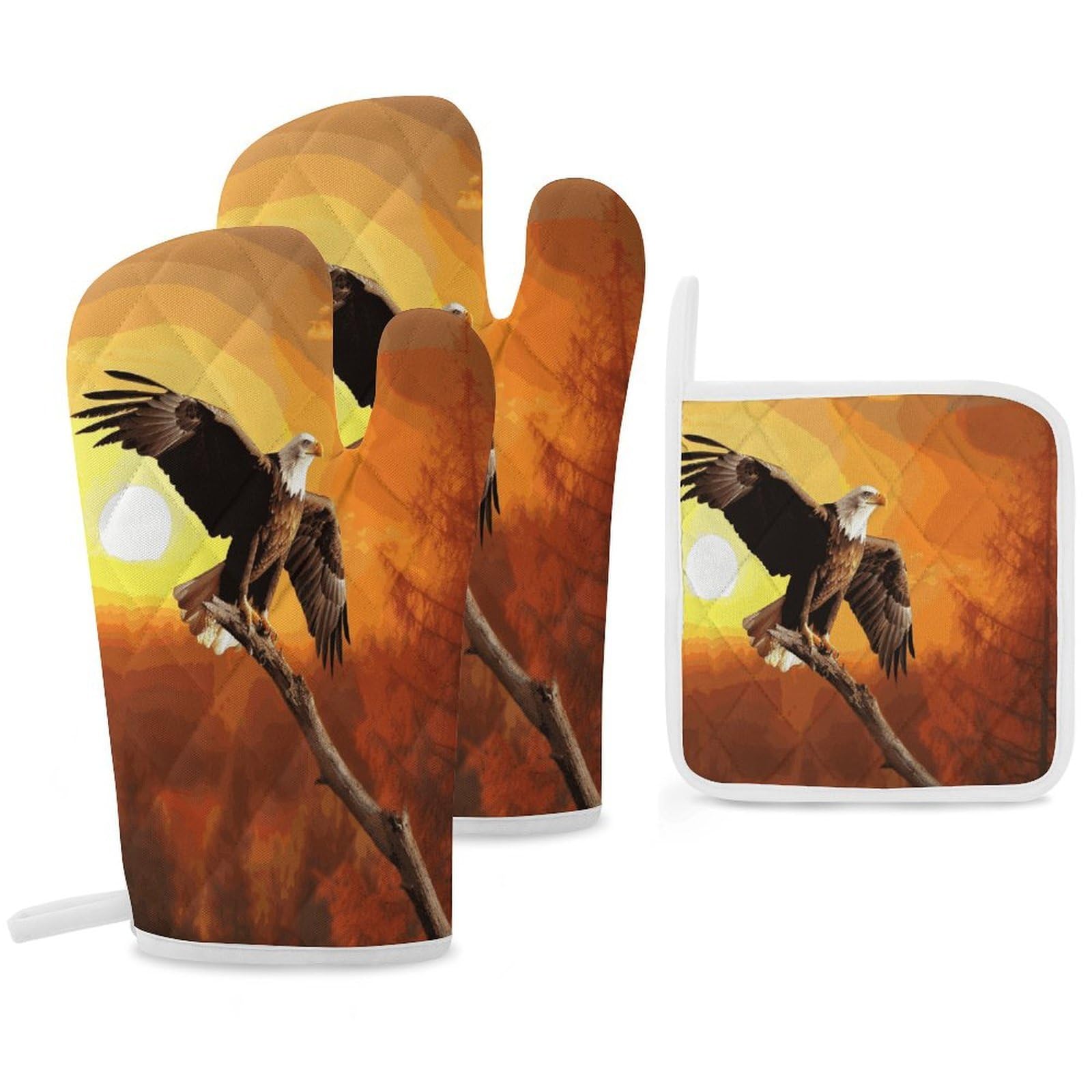 Fekiloot Style Golden Sunset Bald Eagle Oven Mitts Funny Heat Resistant,Oven Glove With Hanging Loop,Resistant Hot Pads For Kitchen Baking Grilling Cooking