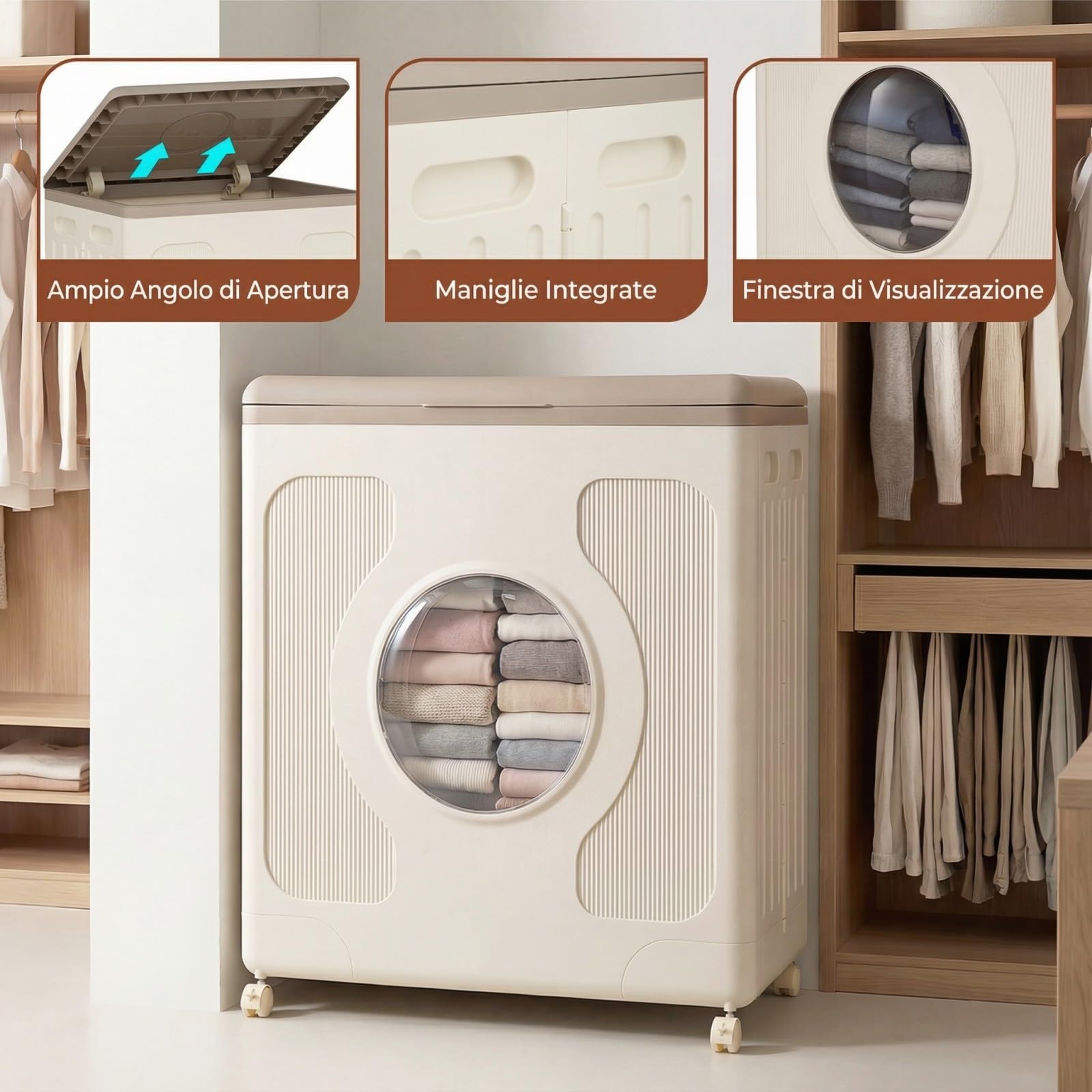 COSTWAY 45 L Scatola di Stoccaggio con Coperchio e Ruote, Contenitore per Bucato con Finestra Trasparente per Vestiti, Organizer Portatile in Plastica per Casa, Palestra e Camera da Letto (Grigio)