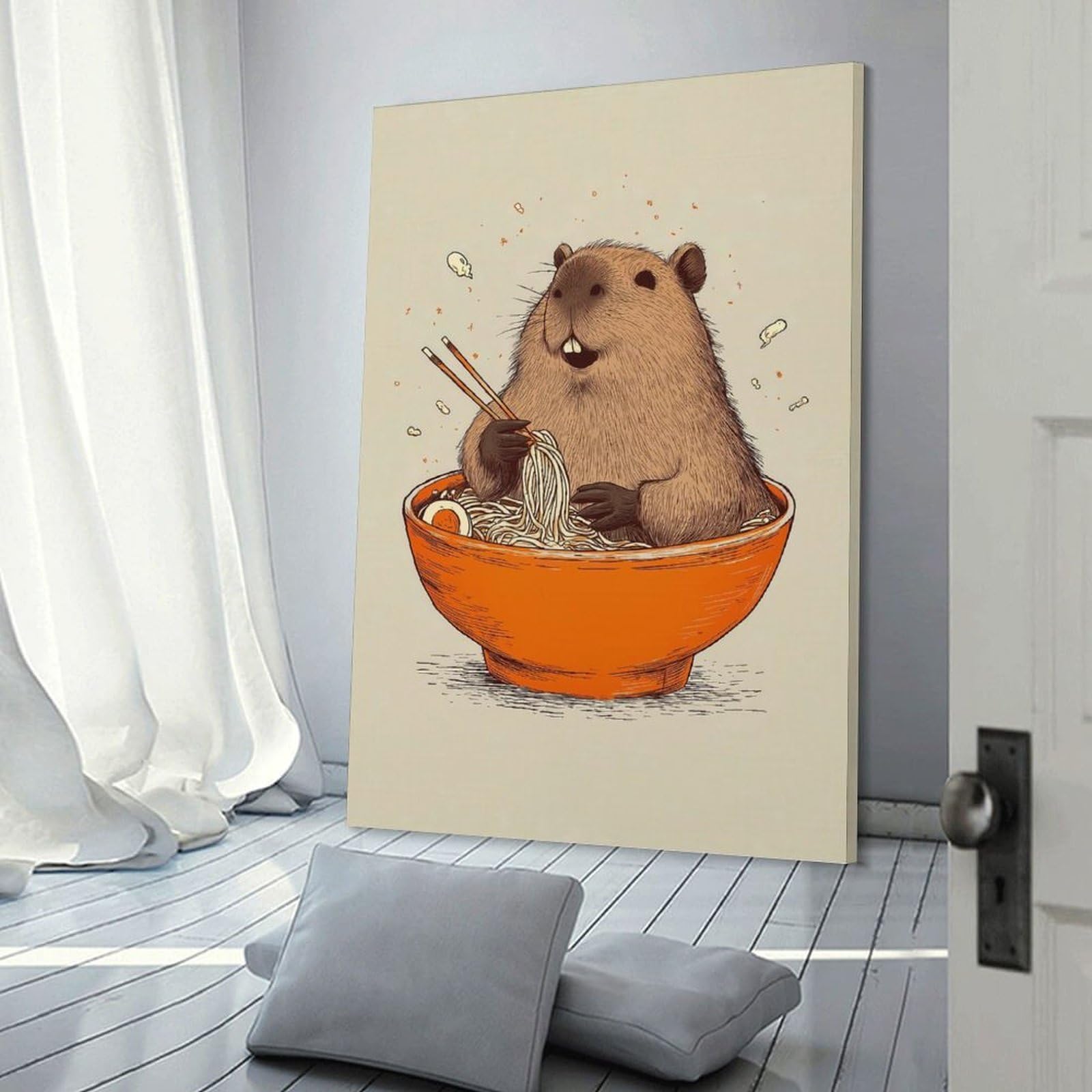 Junmoney Capybara Eating Ramen Wall Decor Canvas Print, 20x30inch(50x75cm), for Home Lounge, Bedroom Or Reading Nook, Decorative Artwork for Empty Walls