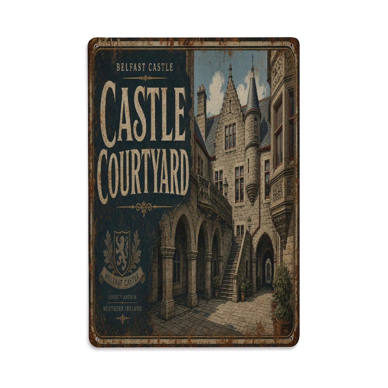 Belfast Castle Ireland Classic Architecture Metal Tin Sign Plaque Wall Decor for Cafe, Man Cave, Club Bar, Office, Home Garden Round Metal Poster 8x12Inch