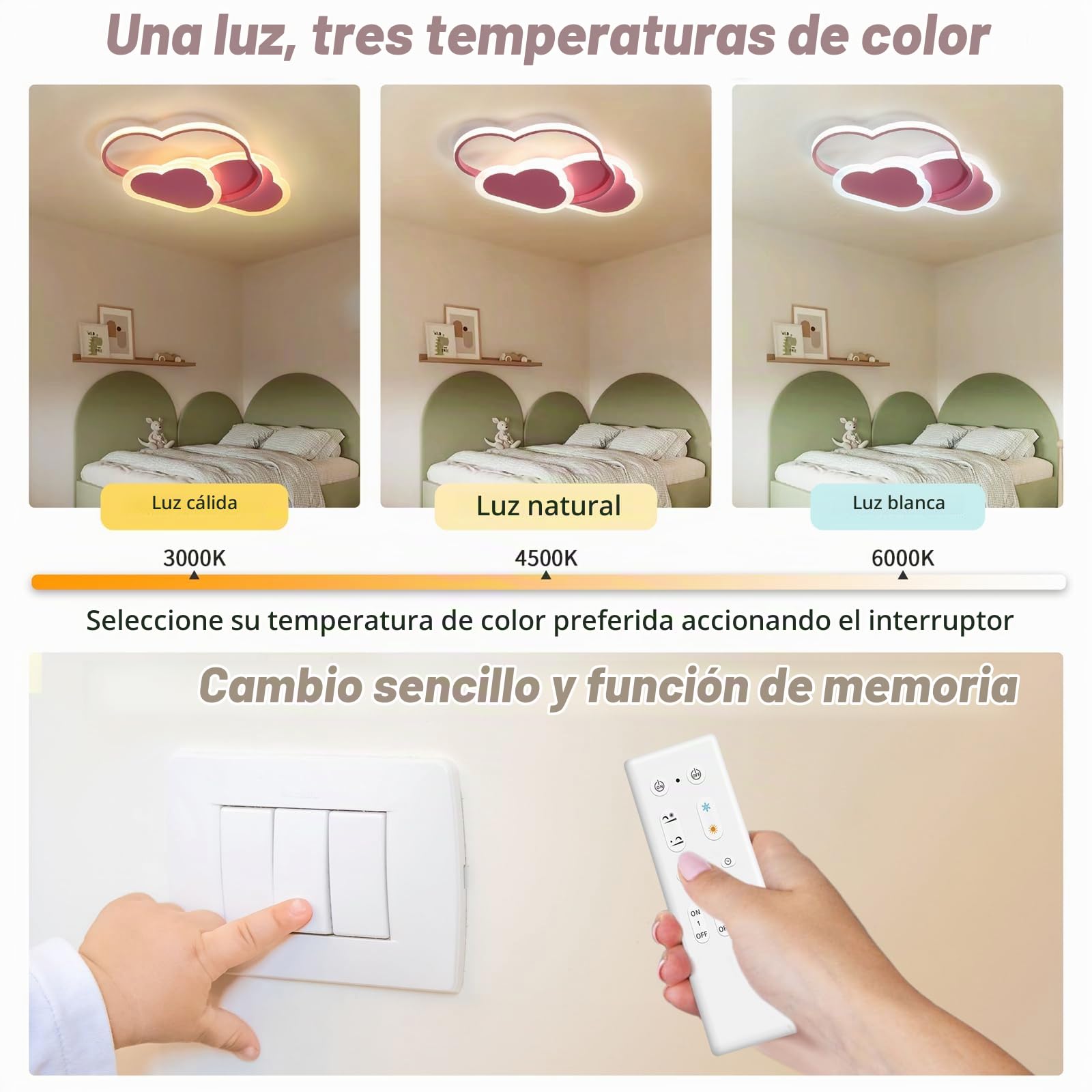 Lámpara de techo LED - Lámpara de techo 42W para habitación infantil, lámpara nube creativa, lámpara de techo LED regulable con mando a distancia 3000K-6000K, 52CM para salón