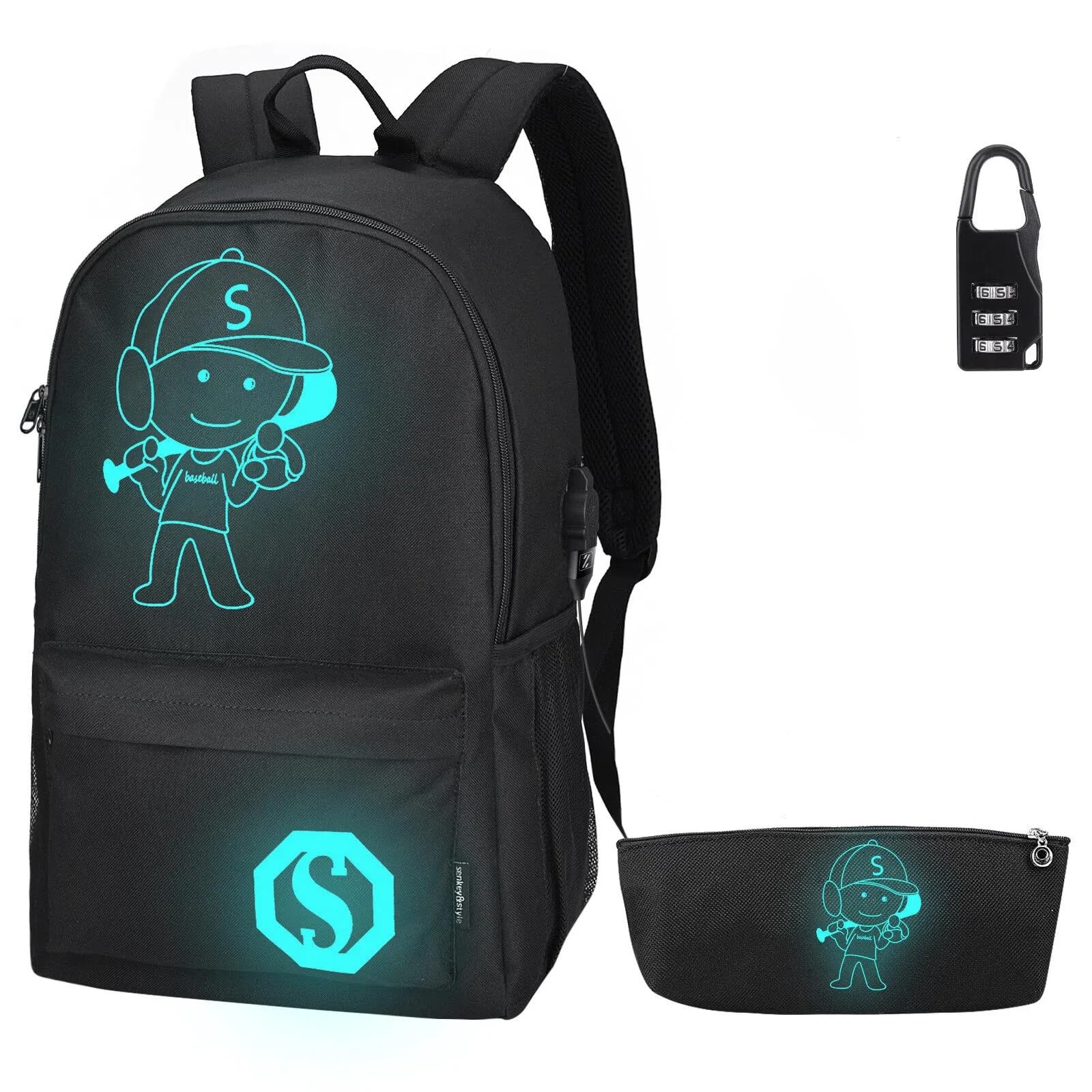 Pawsky Kids Backpacks for Boys, Elementary School College Bookbag Lightweight Laptop Bag Baseball Anime Luminous Backpack with USB Charging Port, Anti Theft Lock and Pencil Case, Black