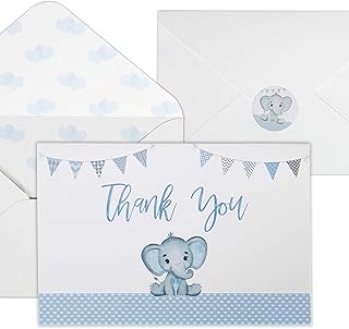 50 Baby Shower Thank You Cards - Boy Baby Shower Thank You Cards- Baby Shower Cards - Elephant Baby Shower Thank You Cards - Baby Boy Shower Card with Envelopes & Stickers (Blue)