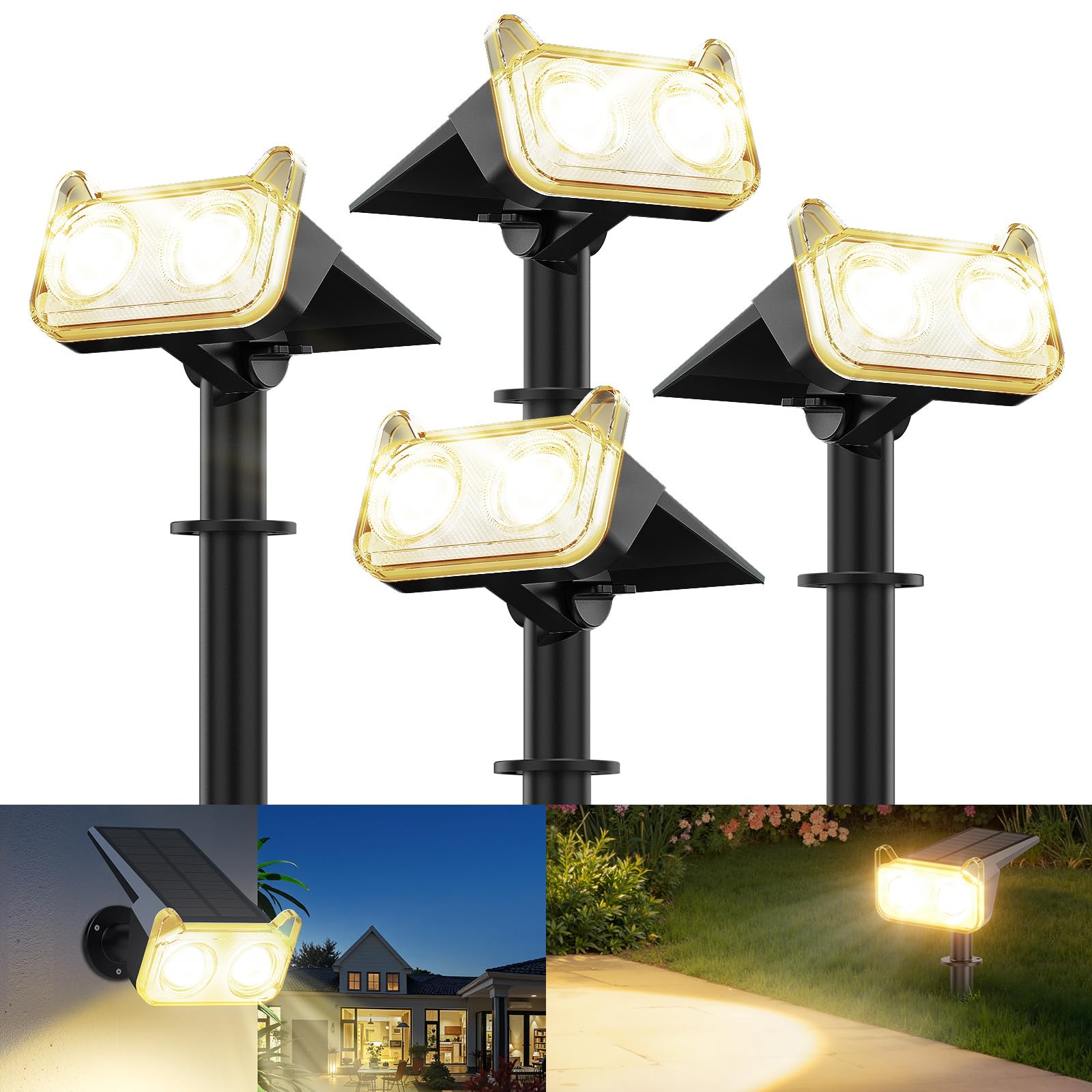 GEARLITE Solarlampen für Außen Garten, 3500K Warmweiß Solar Strahler 4 Stück, IP65 Wasserdicht Gartenleuchten, 2 Helligkeitsmodi Solarleuchten für Außen Garten Deko, Bäume, Hof, Weg, Garage