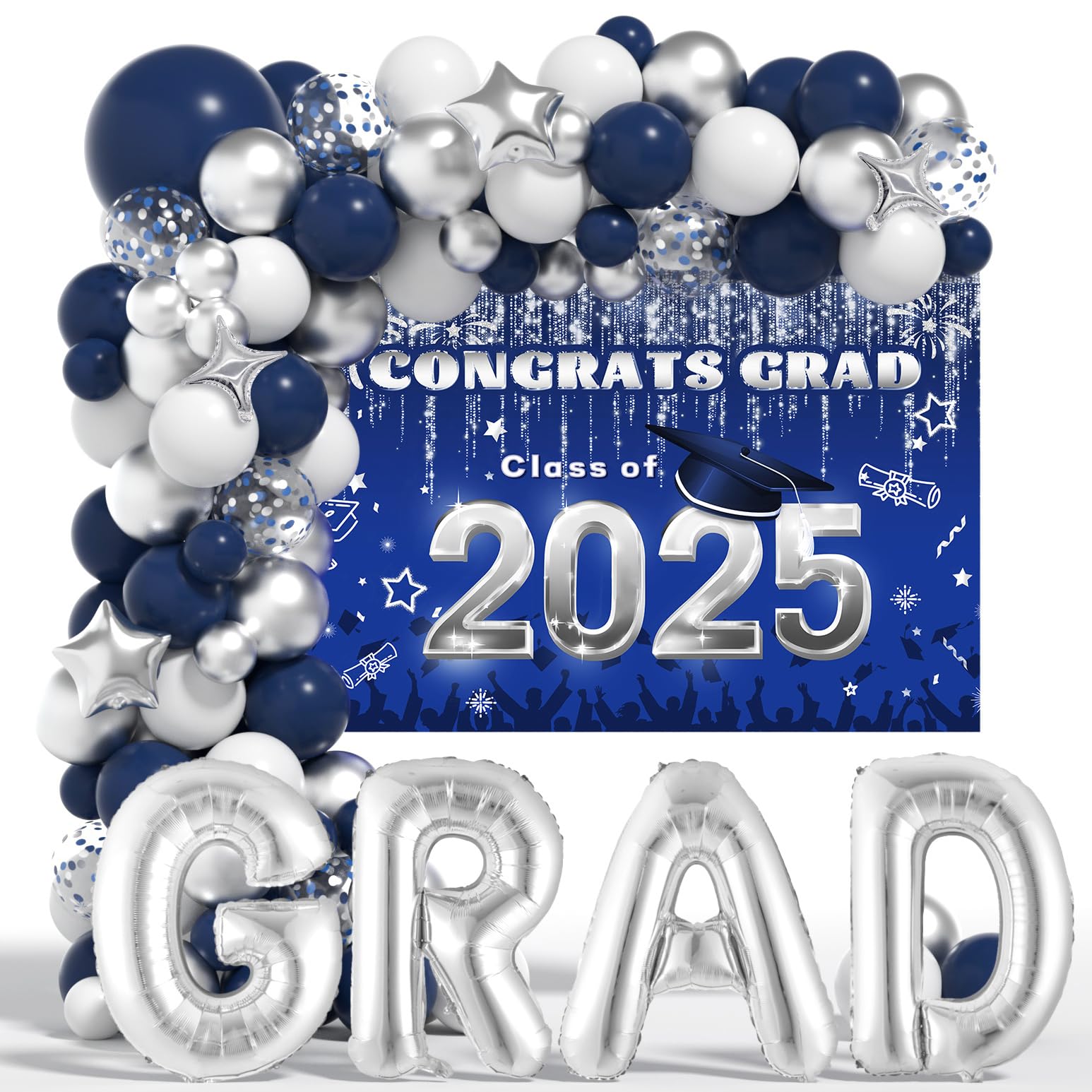 Class of 2025 Navy Blue Graduation Balloons Garland Arch with Grad Backdrop 2025 Grad Letter Balloons for Silver Blue Graduation Party Decorations