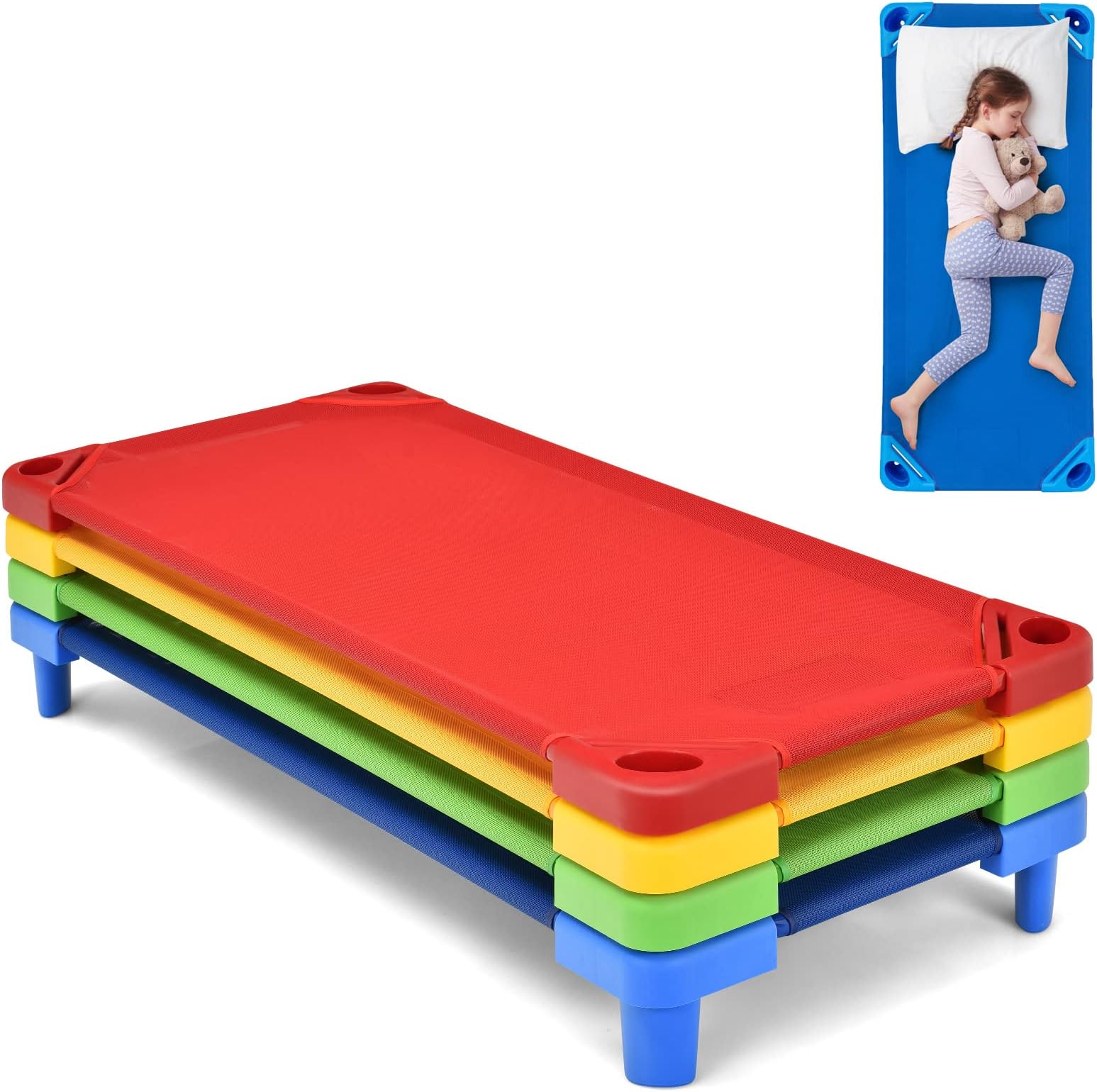 Toddler Naptime Cot, Stackable Daycare Sleeping Cot for Kids, 51" L x 23" W, Ready-to-Assemble, Space-Saving Kids Nap Cots for Children Classroom Preschool (Set of 4, Multicolor)