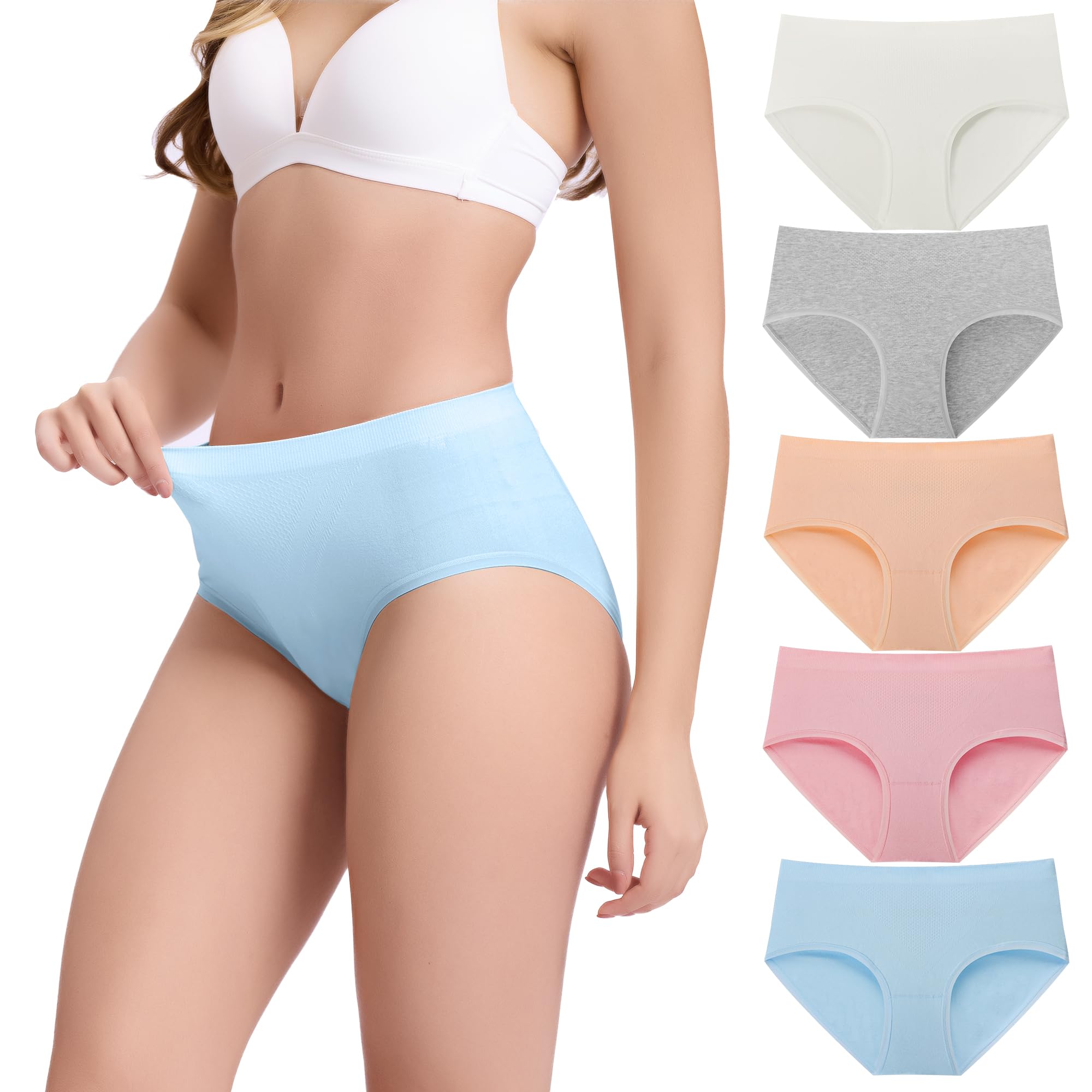 BAMBOO COOLWomen's Underwear Mid Waisted Brief Ladies Seamless Panties Moisture Wicking Stretchy Full Coverage 5 Pack