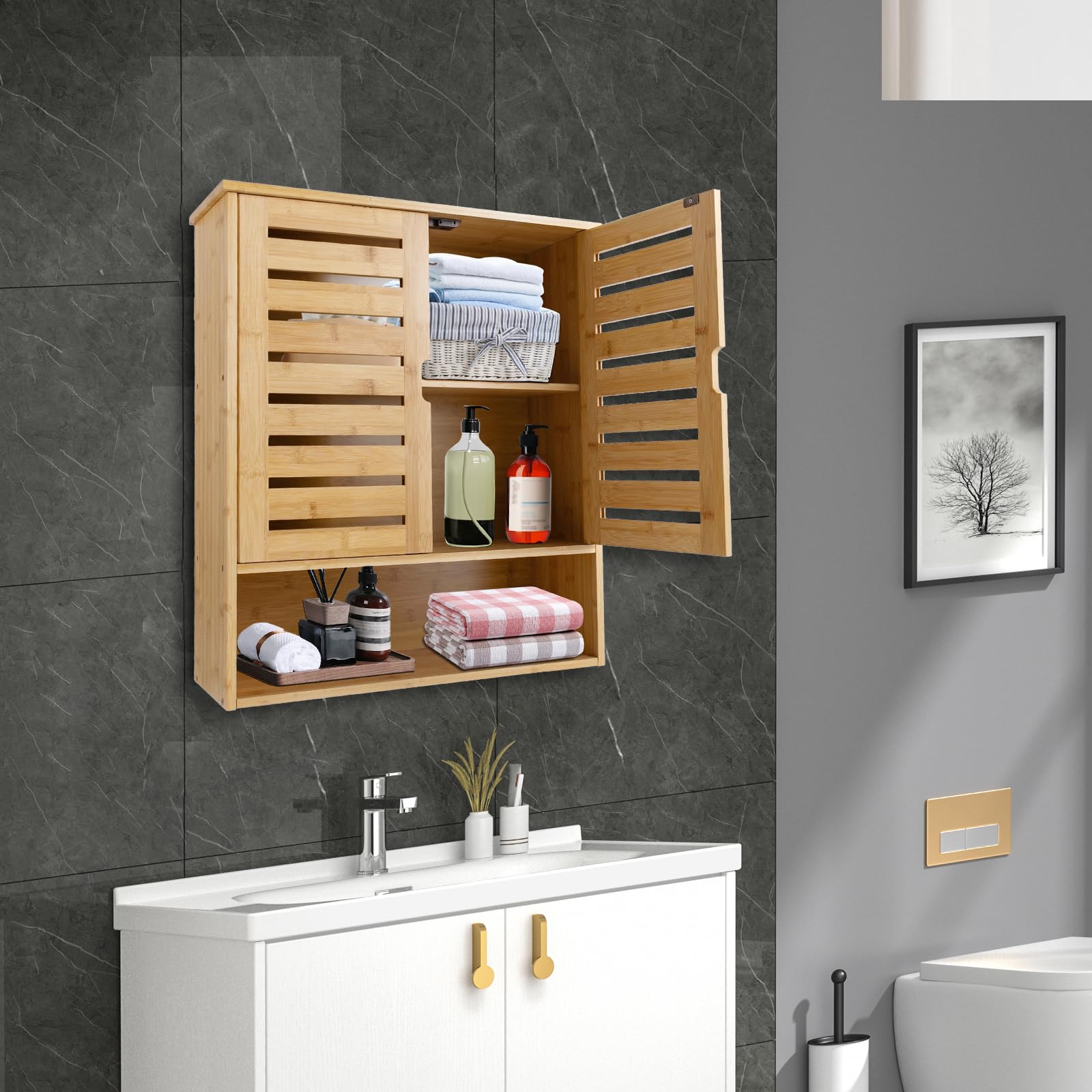 Stilvoller Bambus Badezimmer Wandschrank Hängend – Platzsparender Aufbewahrungsschrank Für Bad, Küche & Flur