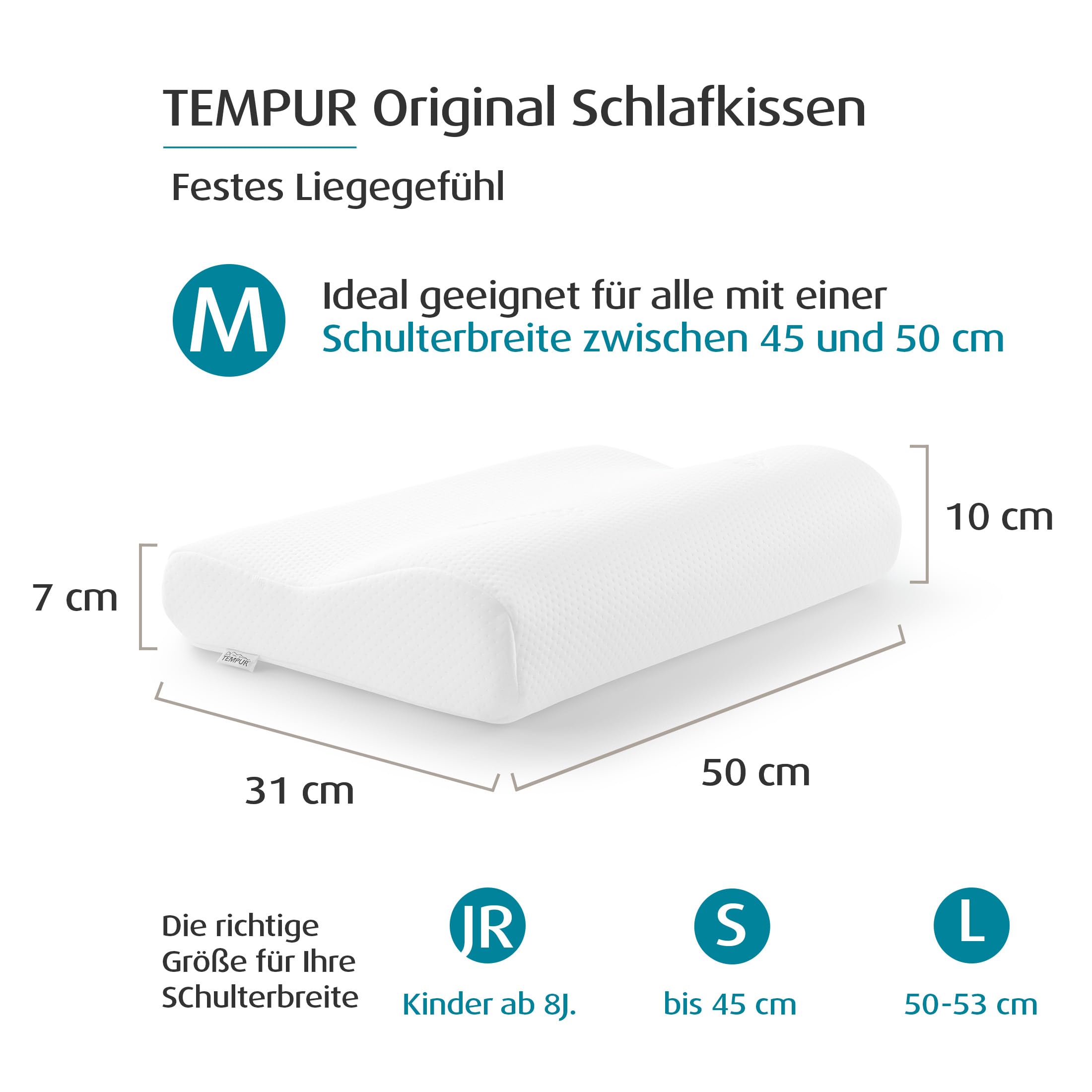TEMPUR Original Schlafkissen Memory Foam, Nackenstützkissen für Seiten- und Rückenschläfer, fest, M (50 x 31 x 10/7 cm), Weiß