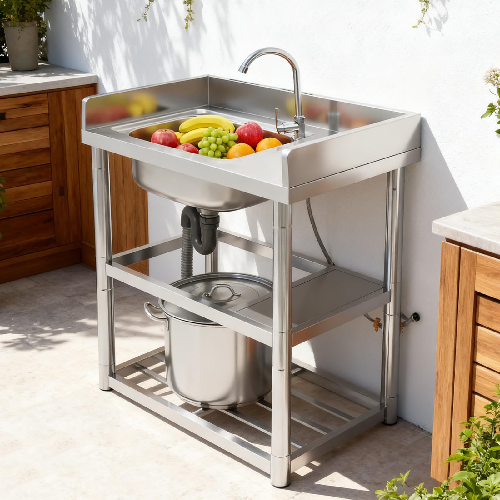 80 x 50 cm Évier Inox Autoportant 1 Bac Évier De Jardin Extérieur Lavabo Multifonctionnel Commercial Utilitaire,Évier de cuisine en acier inoxydable avec robinet rotatif à 360°,80cm de haut