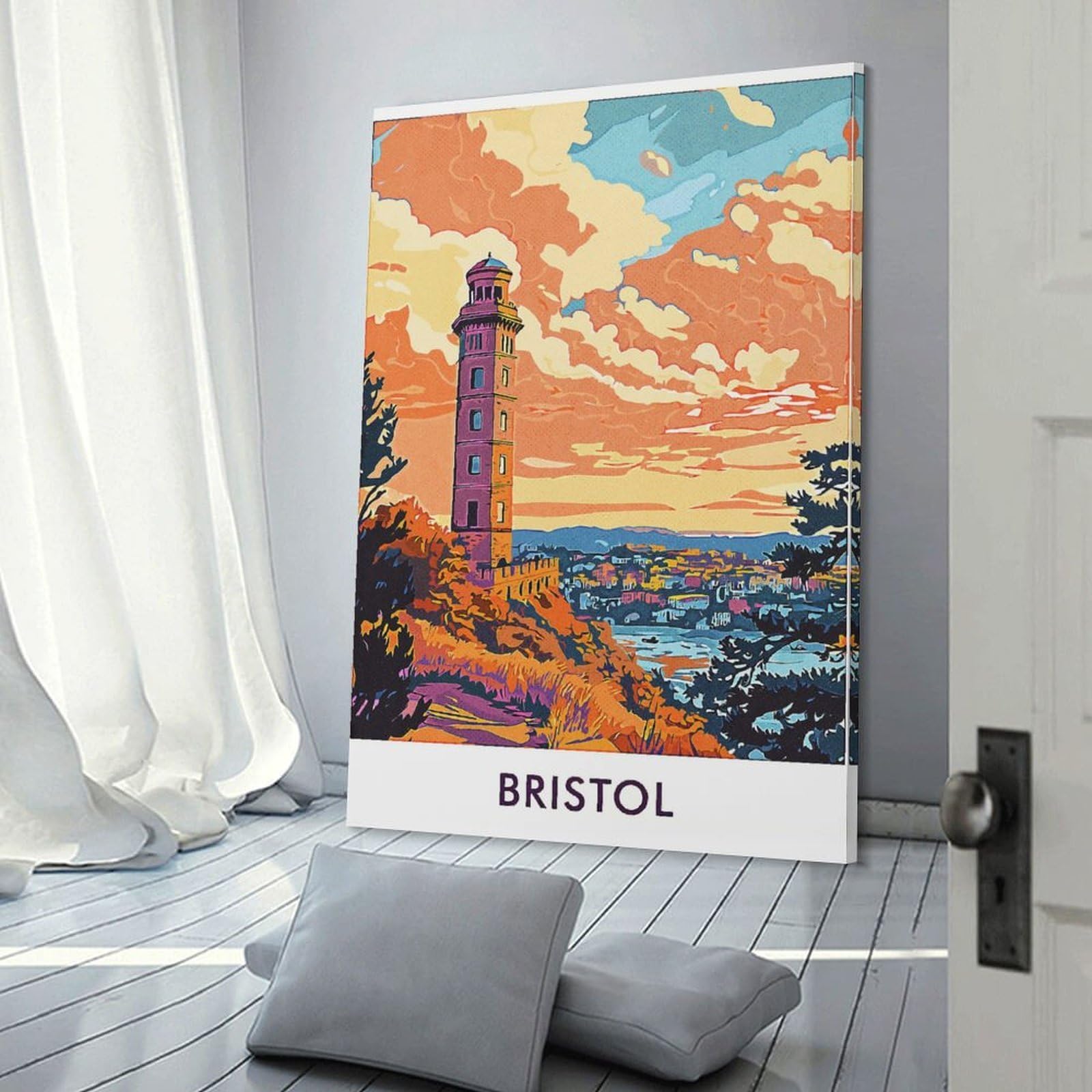 Junmoney Bristol Lighthouse Sunset Canvas Art Print, 20x30inch(50x75cm), for Bedroom, Lounge Or Dressing Area, Canvas Wall Decor for Personal Spaces
