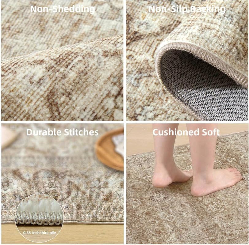 Washable Boho Bedroom Area Rugs: 3'x5' Entry Throw Rug Stain Resistant Tribal Distressed Accent Rug Non Slip Low Pile Soft Carpets for Entryway Living Room Bedside Kitchen Office Dorm Foyer Entrance