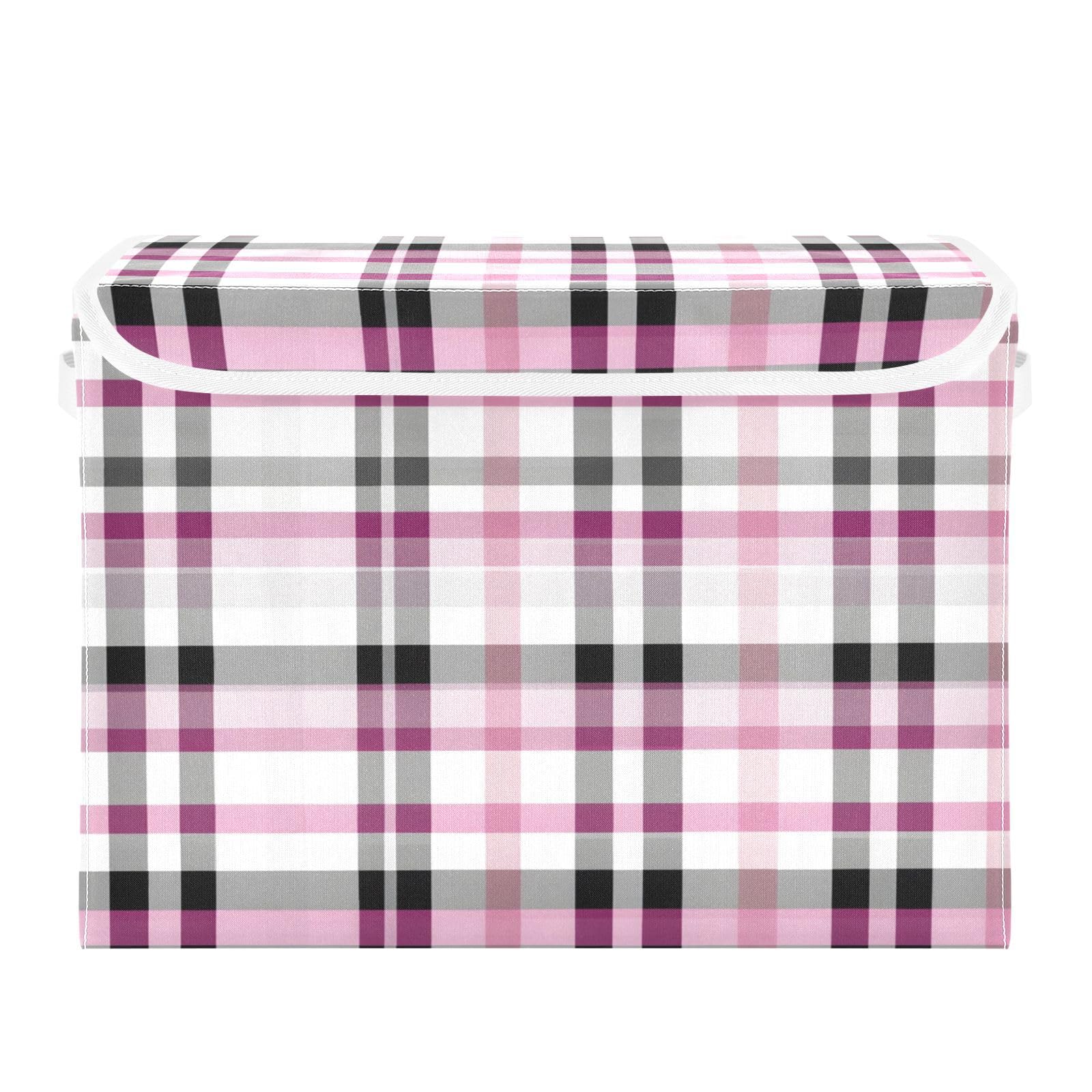 Ewusp Tartan Plaid Fabric Storage Bin with Lid, Decorative Foldable Storage Basket with Handles, Stackable Closet Shelf Organiser Box for Clothes, Books, Bedroom, Living Room