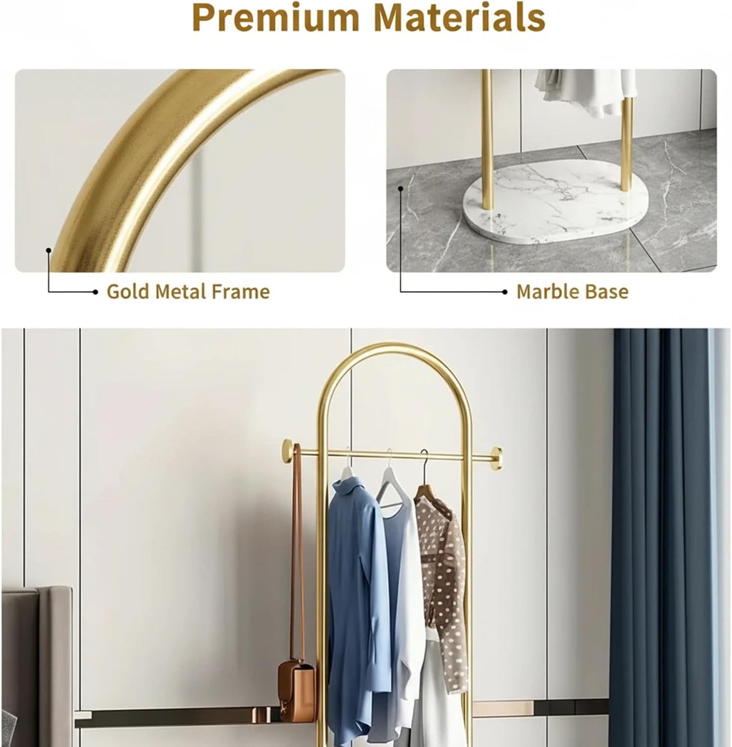 Gold Clothing Rack With Shelves, Modern Coat Rack Freestanding with Marble Base,Heavy Duty Clothes Racks for Boutiques,Metal Garment Rack suitable for Entryway Hallway, Office or Bedroom