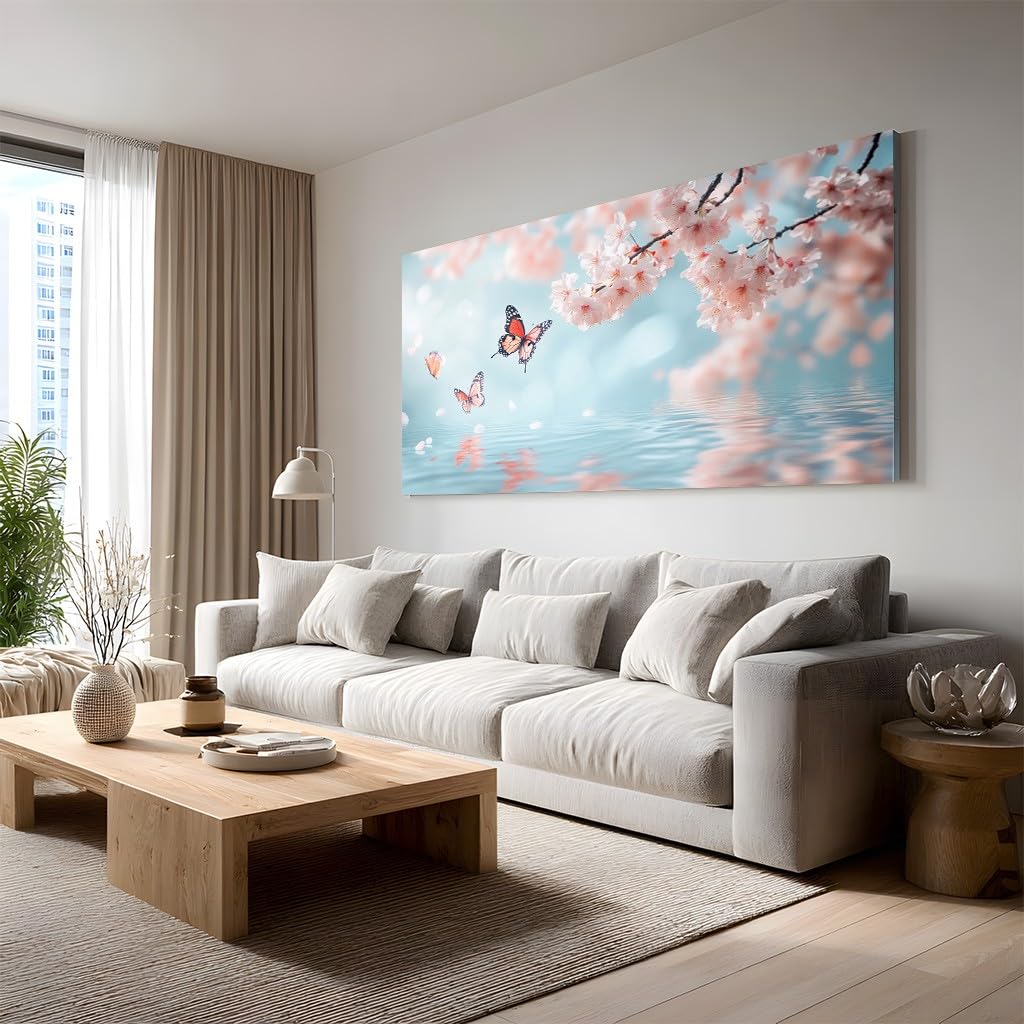 Generico Farfalla Primaverile Pittura a Olio su Tela Fiore di 70x140cm | Quadro Moderno Ciliegio Giapponese Quadri per Salotto Decorazioni Parete Poster Stampe su Tela per Interni Casa Moderni